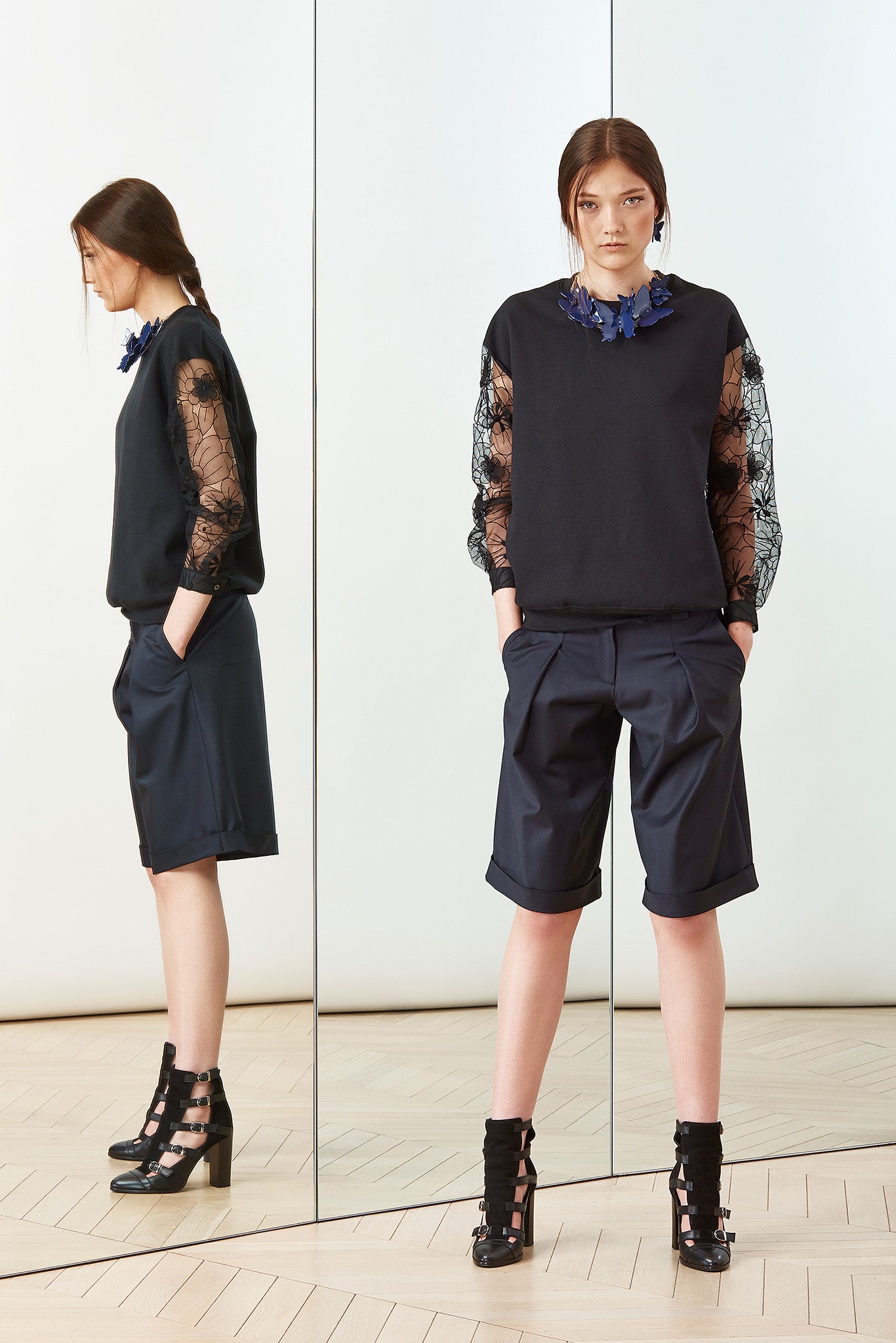 black cotton long-sleeve relaxed layered top