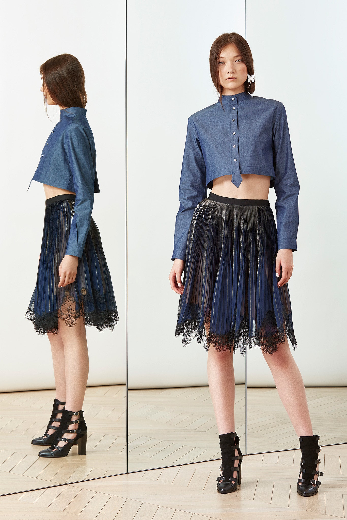 blue denim long-sleeve collared fitted buttoned cropped shirt