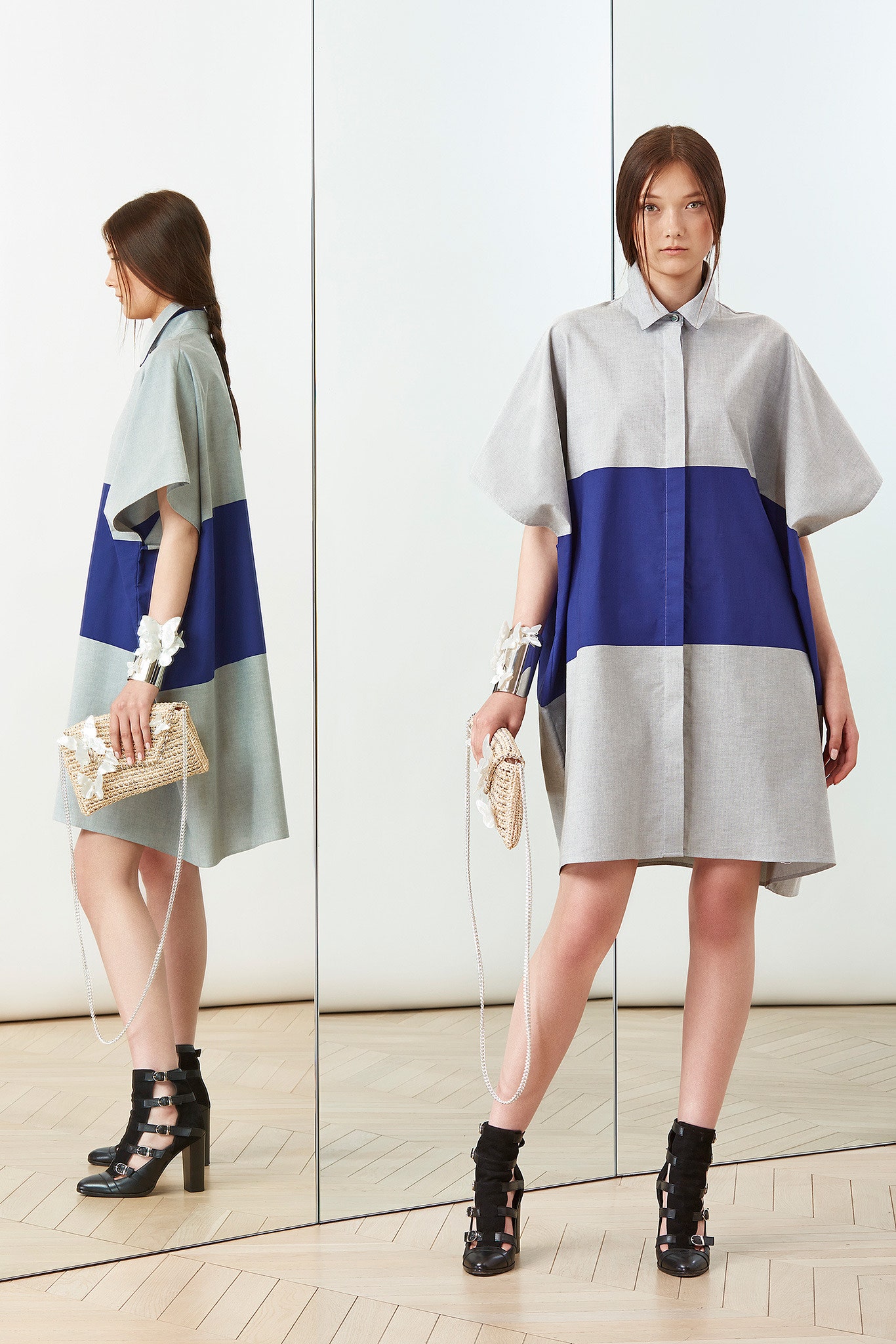 gray cotton short-sleeve collared relaxed color-blocked short dress