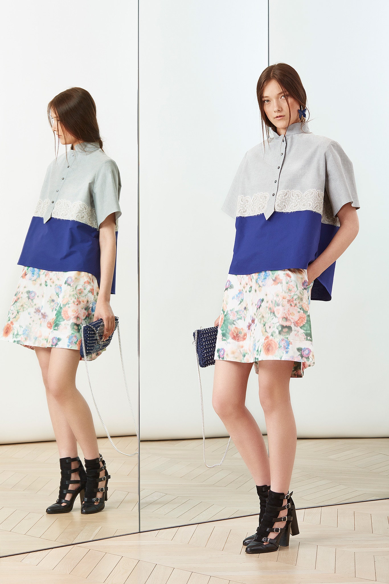 multi cotton fitted flared mini skirt