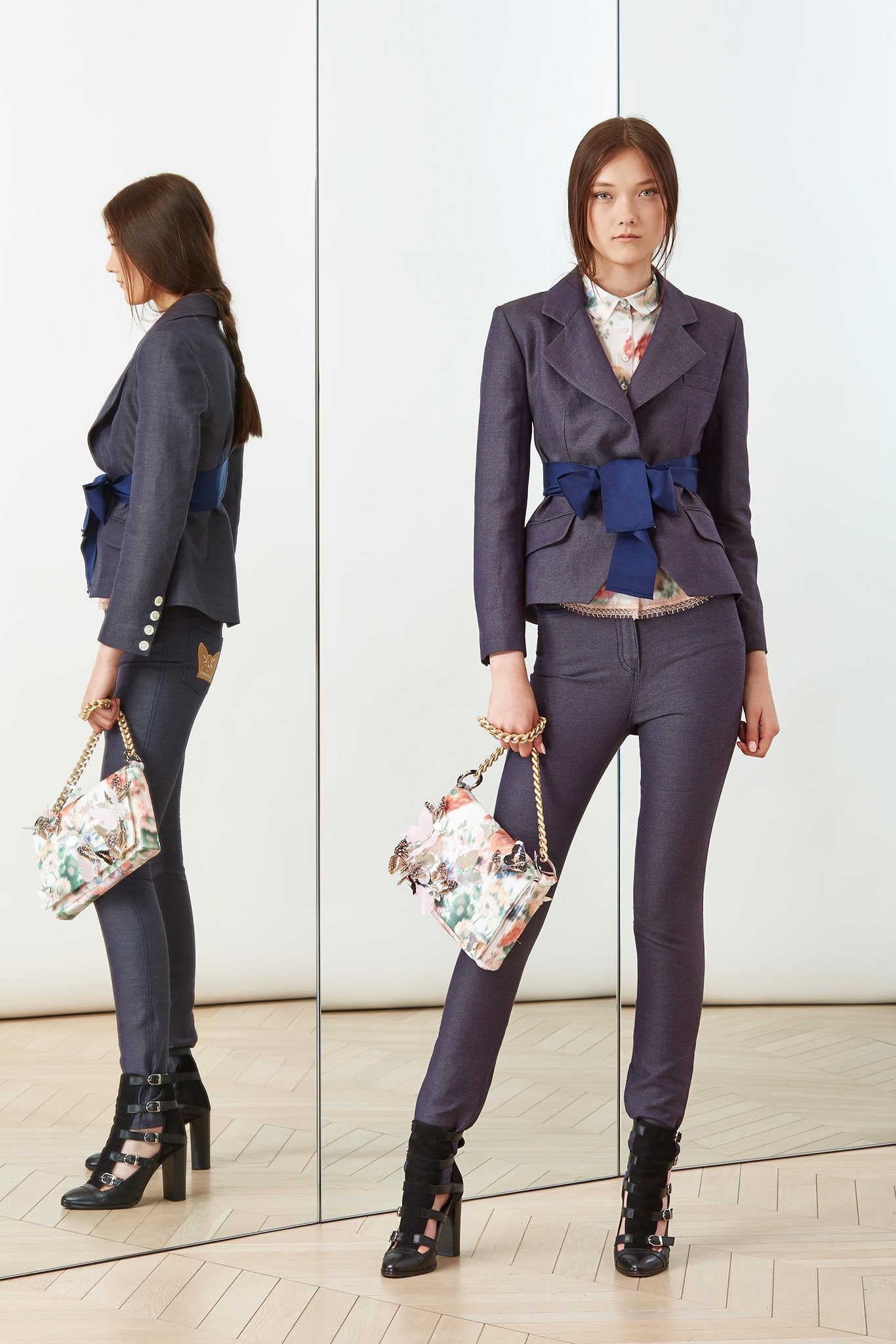 blue cotton long-sleeve collared tailored belted blazer