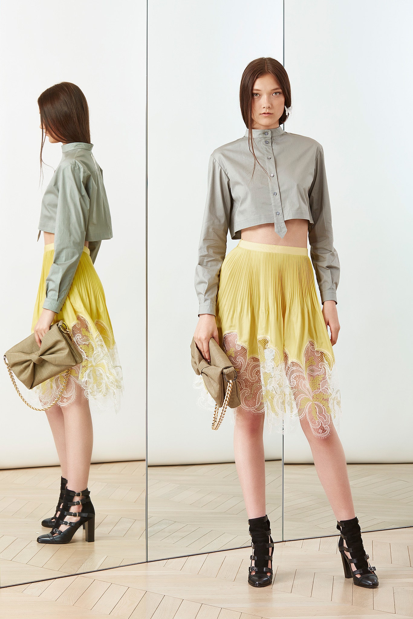 gray cotton long-sleeve collared fitted cropped shirt