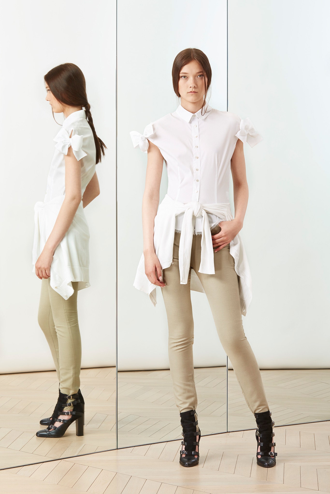 beige cotton slim zippered pants