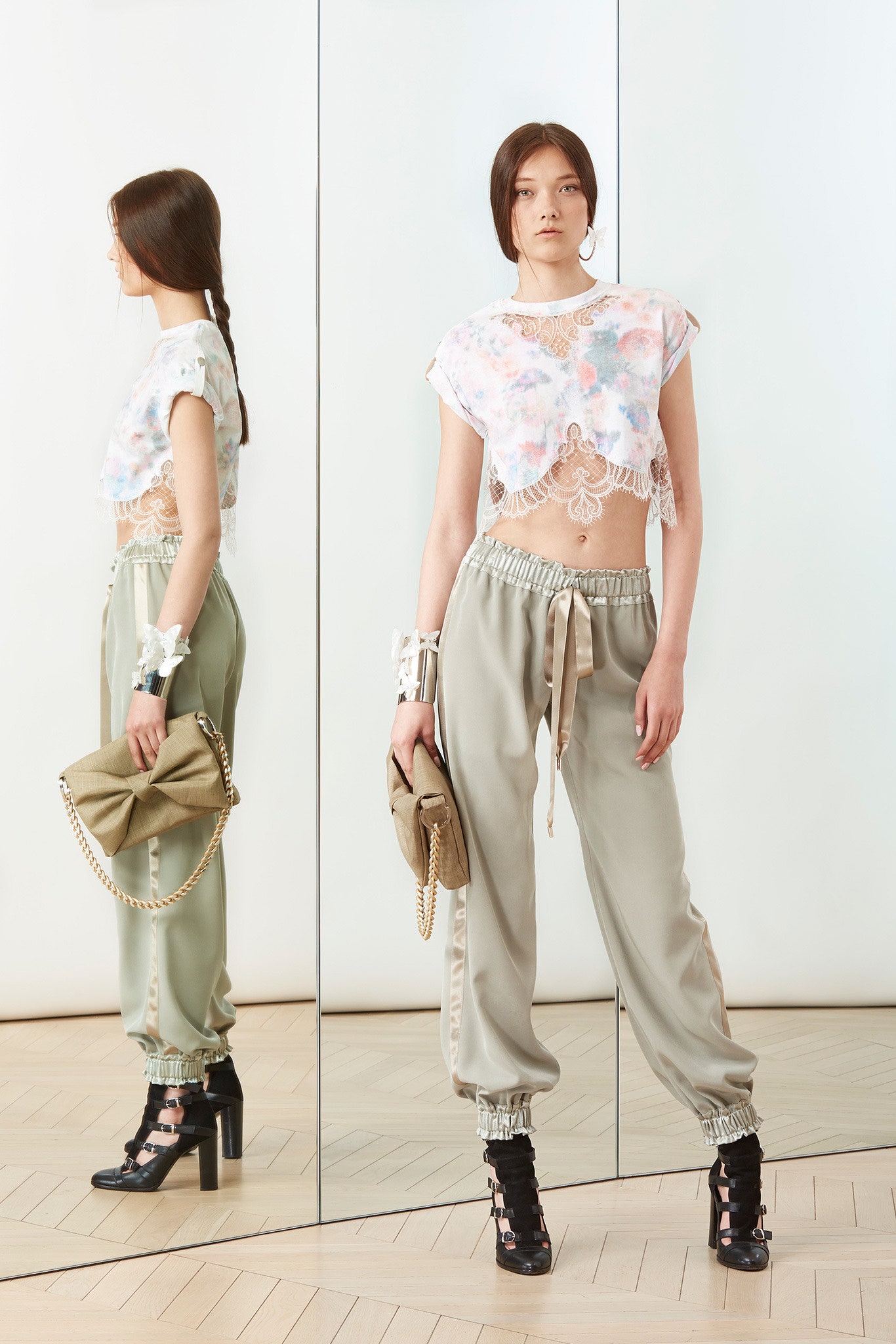 white silk sleeveless high-neck fitted embroidered cropped crop-top