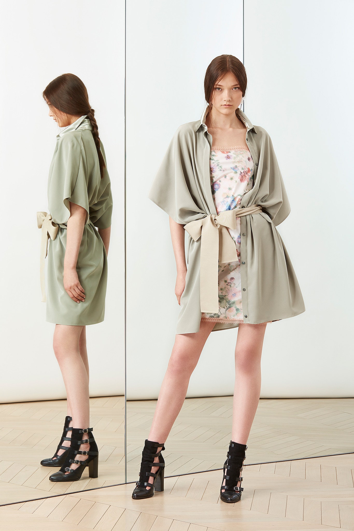 green cotton short-sleeve collared relaxed belted coat