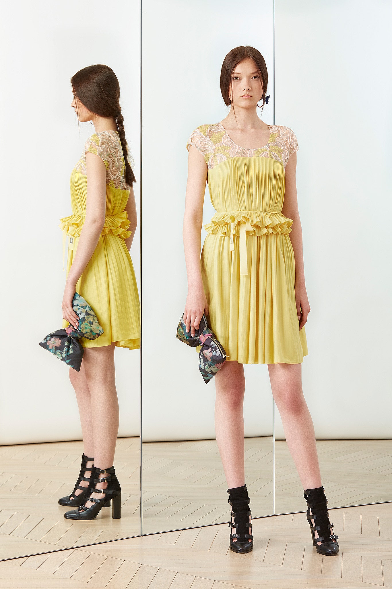 yellow silk short-sleeve v-neck fitted pleated belted dress