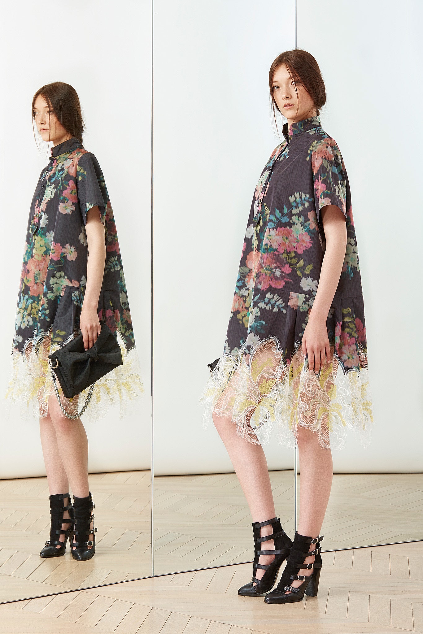 black silk short-sleeve high-neck relaxed flared embroidered dress