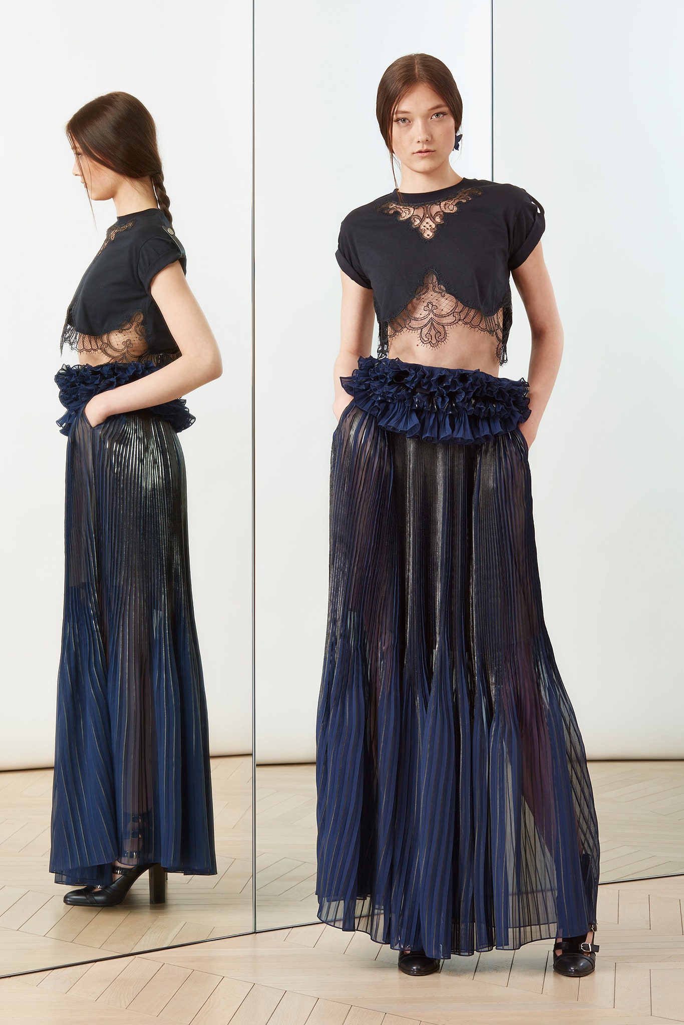 blue silk long-sleeve relaxed pleated tiered flowing skirt