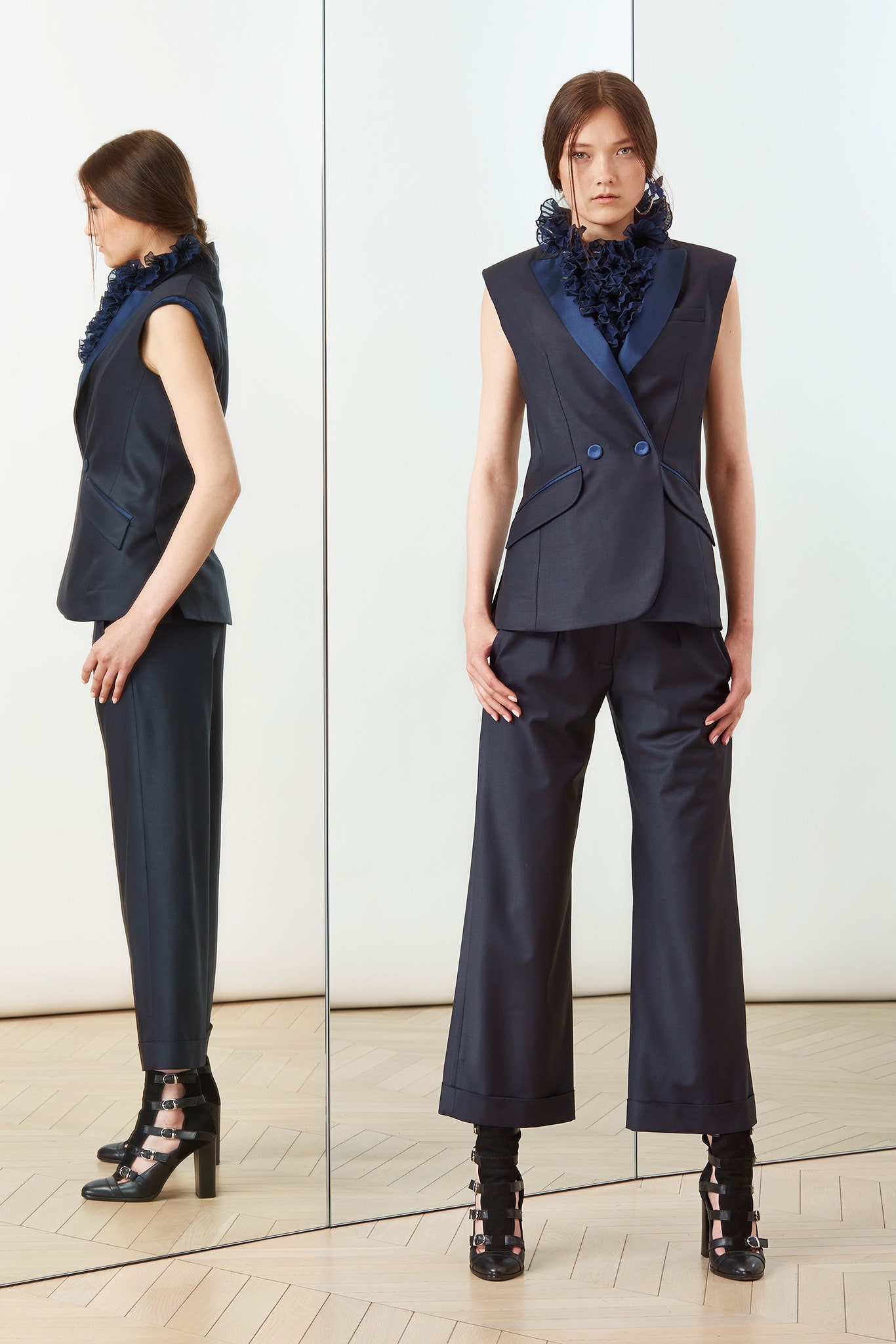 navy silk tailored blazer and relaxed pants