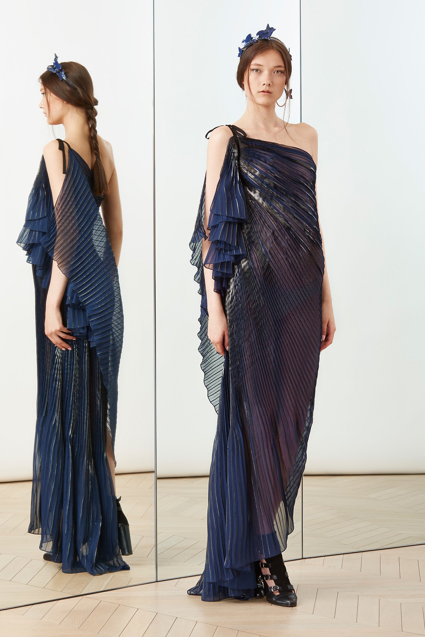 blue silk off-shoulder gown