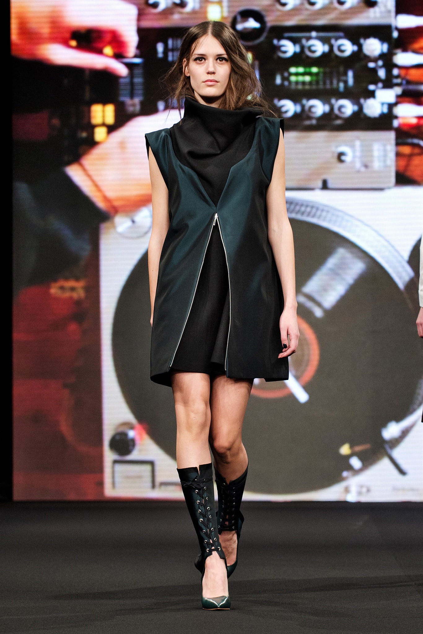 black and green asymmetric dress with laced boots