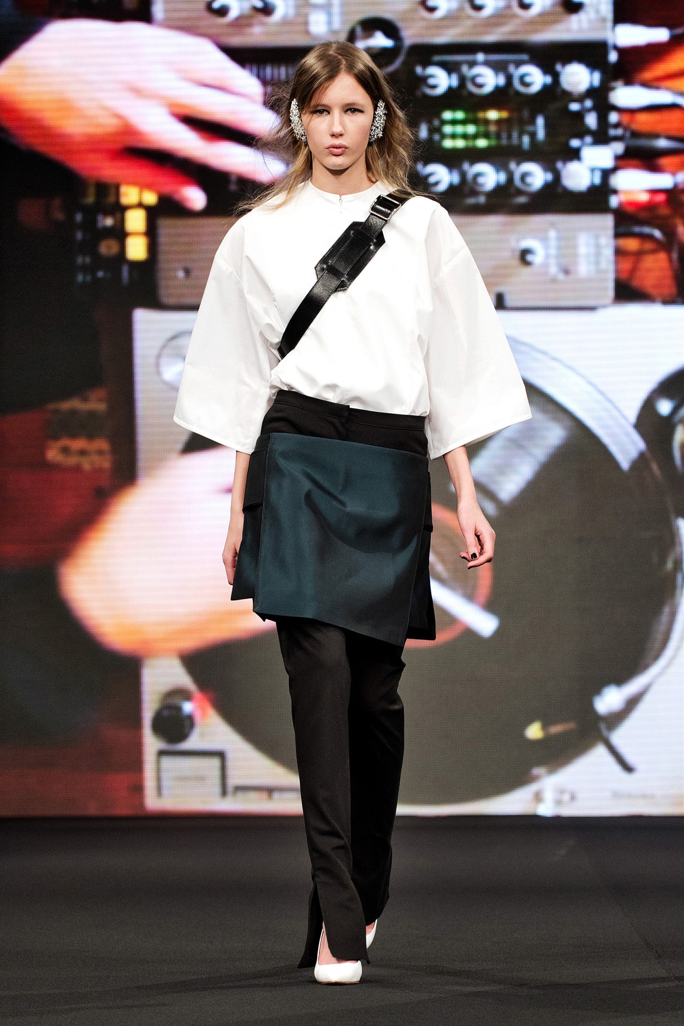 white relaxed top with asymmetric skirt