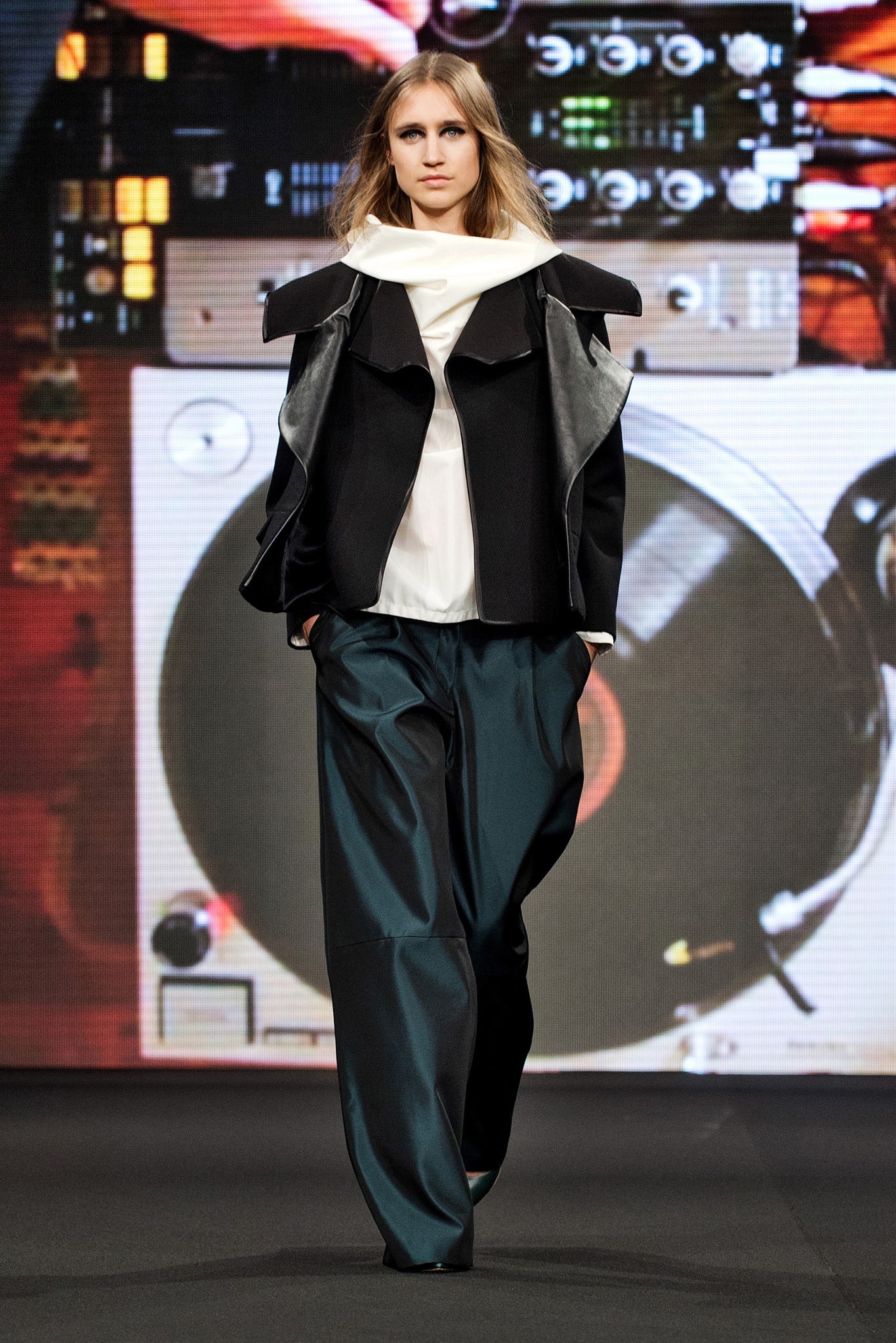black leather long-sleeve collared structured layered jacket