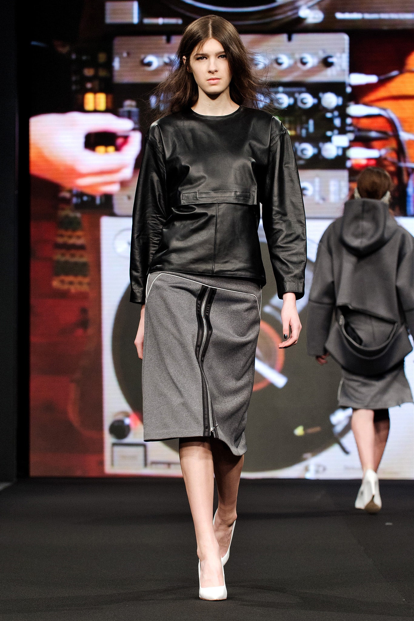 black leather fitted top and gray pencil skirt