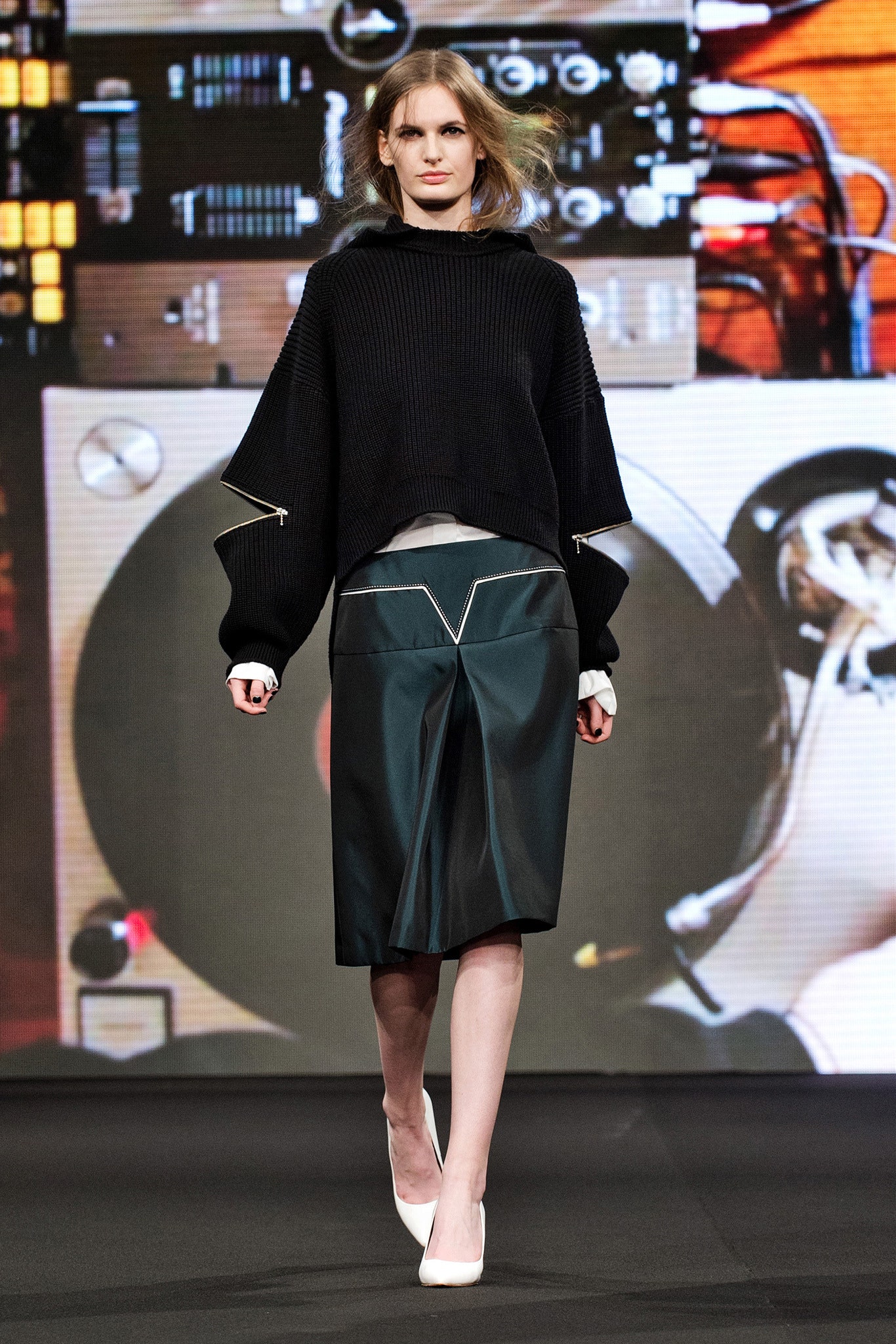 black wool long-sleeve high-neck oversized zippered top