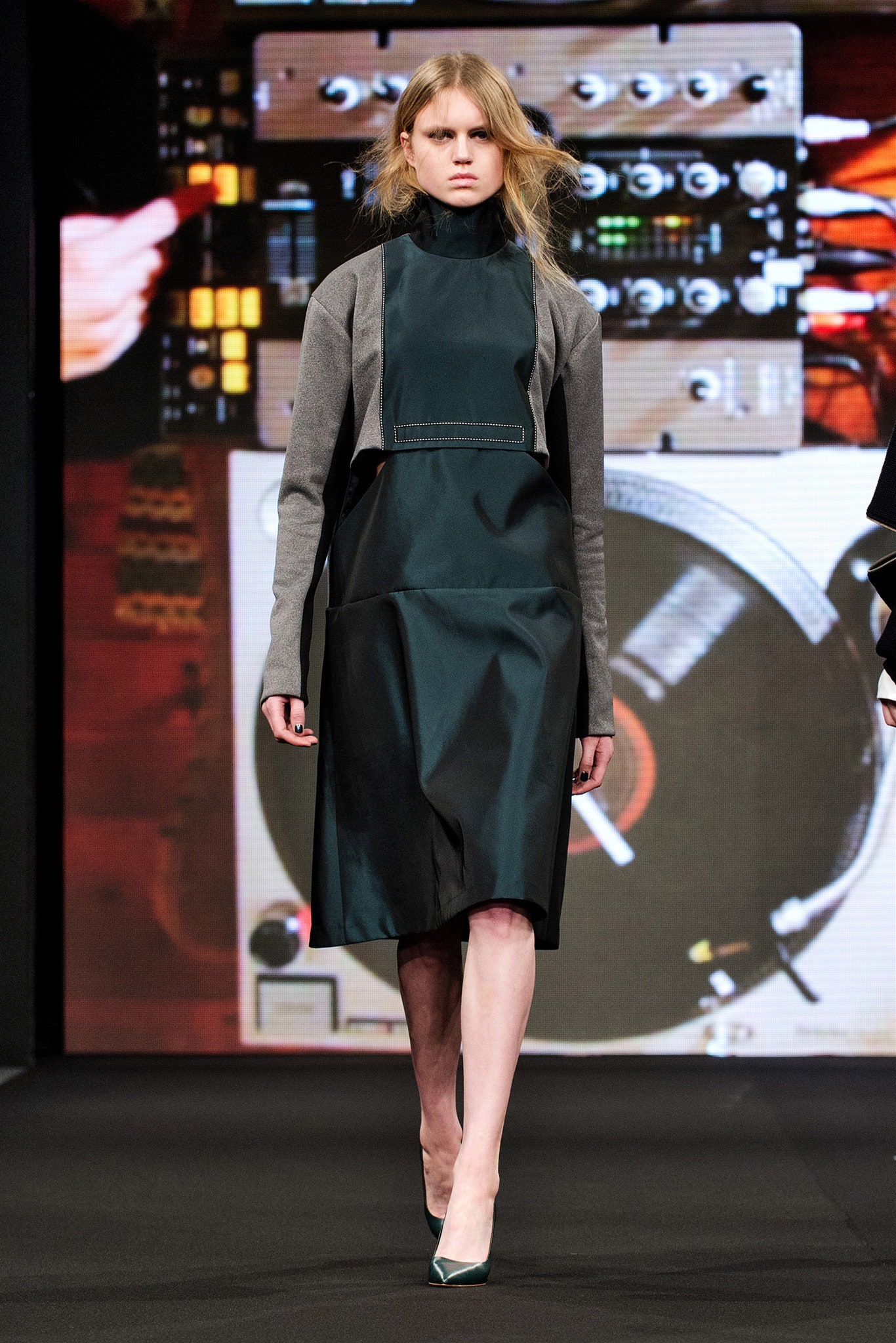 green silk midi dress with gray jacket