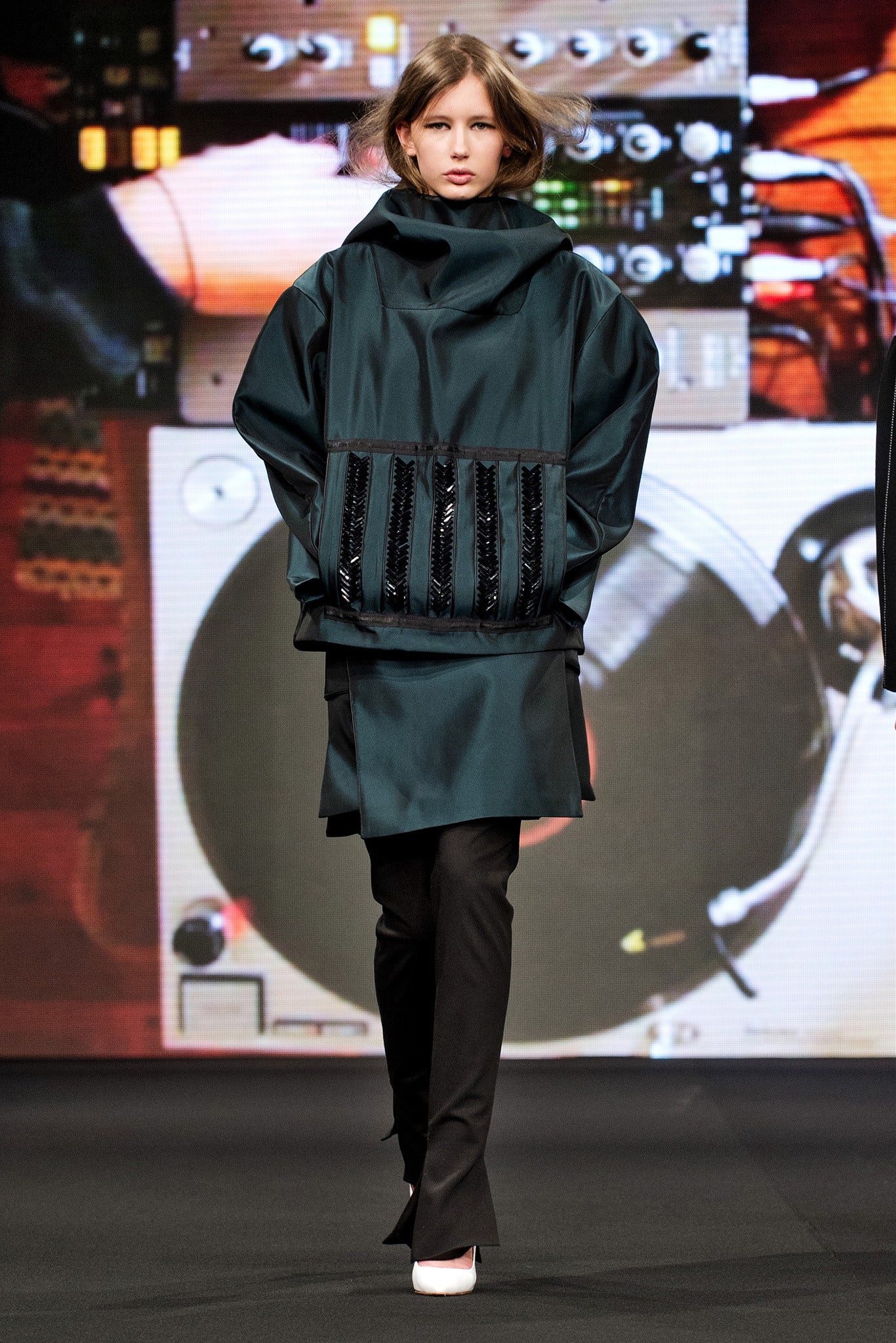 teal oversized jacket with black pants