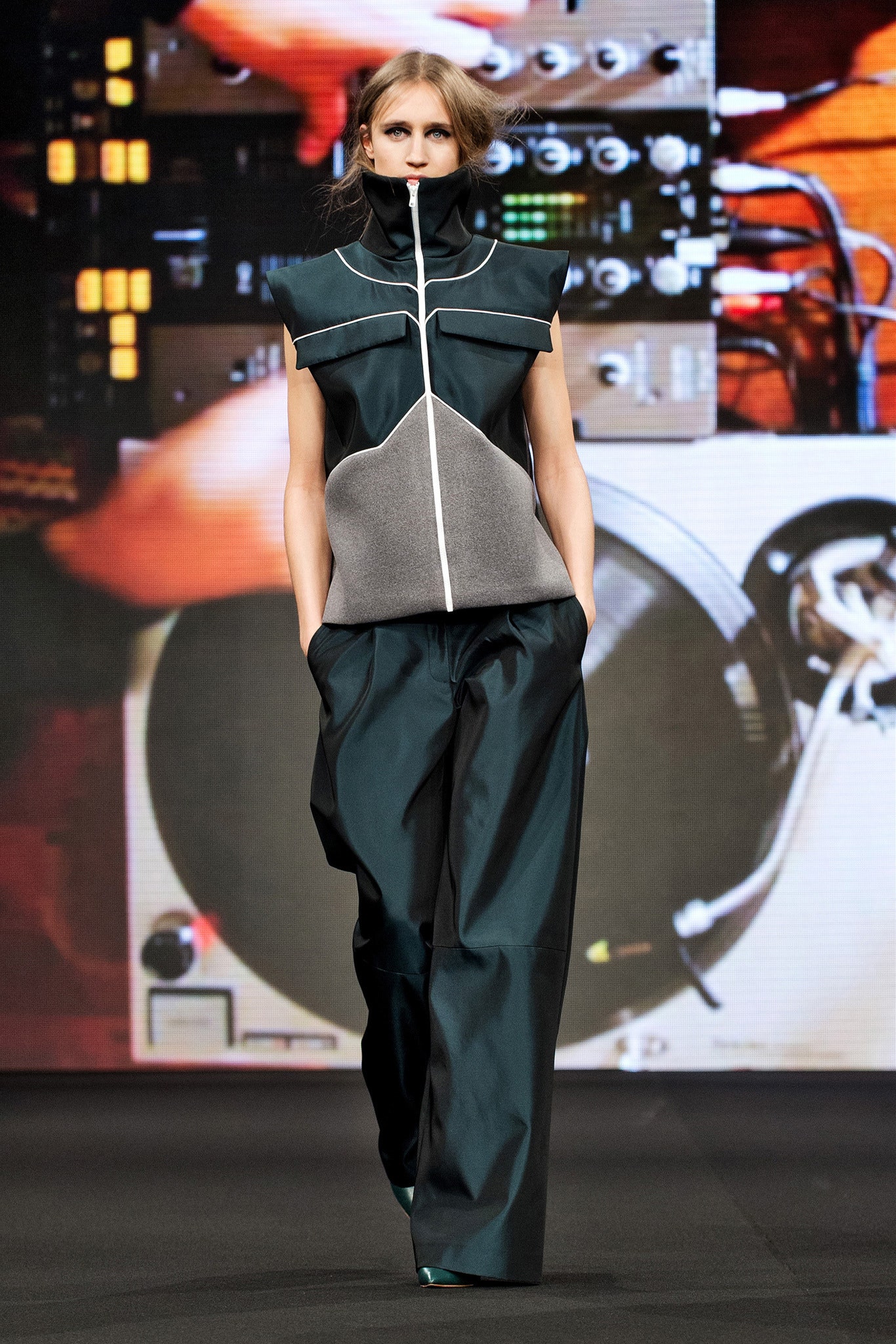 fitted gray blue top with wide-leg pants
