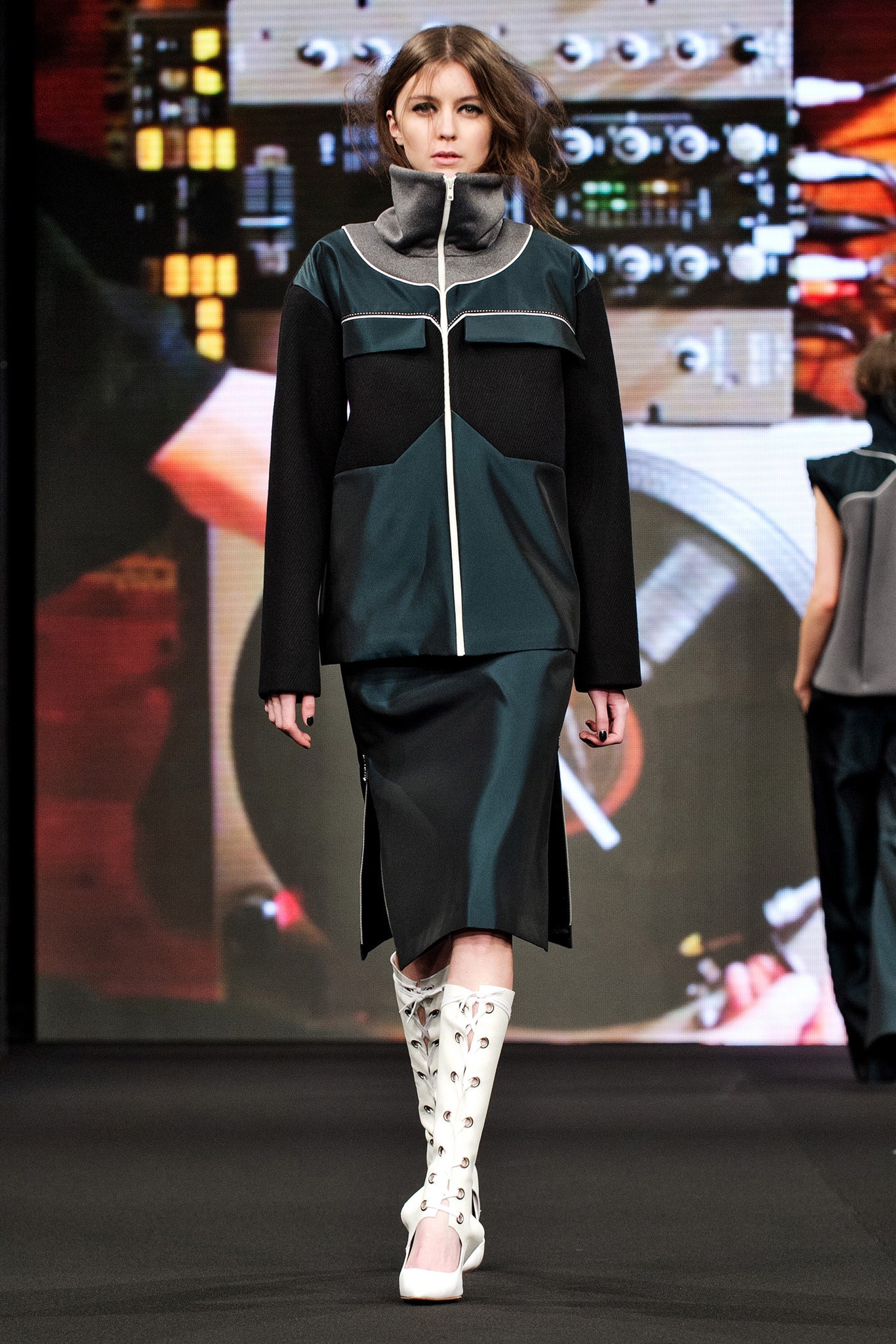 black teal relaxed jacket and fitted dress