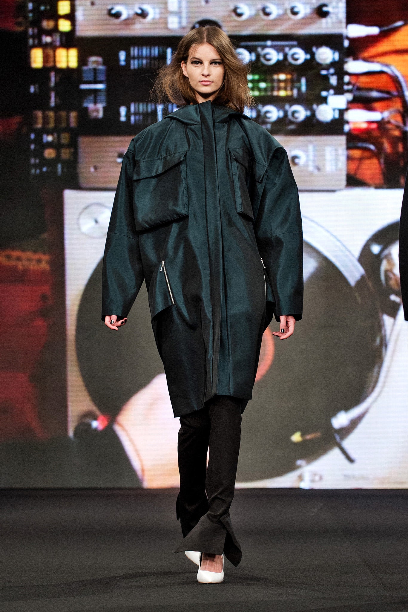 teal silk long-sleeve collared oversized zippered pockets coat