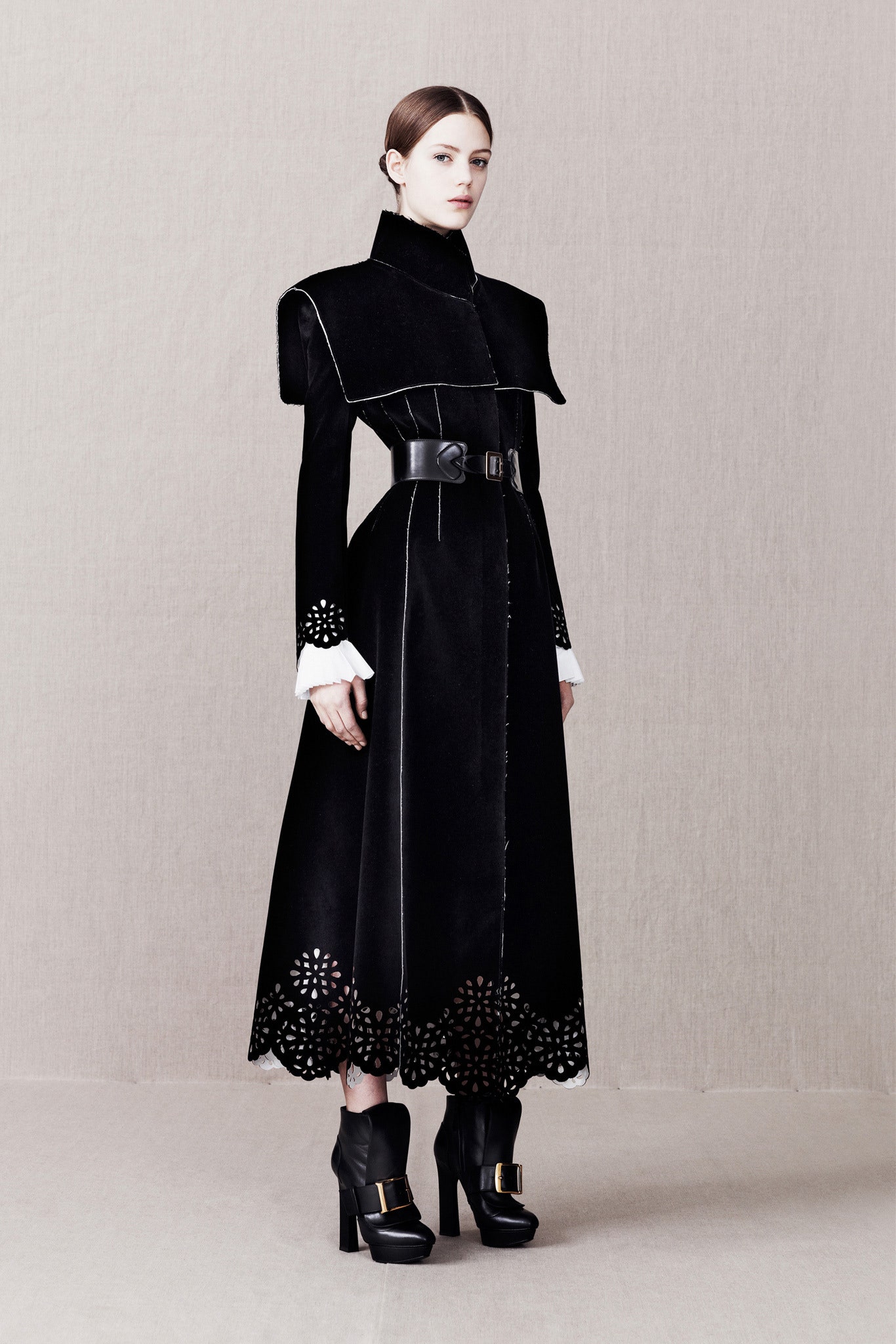 black leather long-sleeve high-neck fitted a-line belted dress