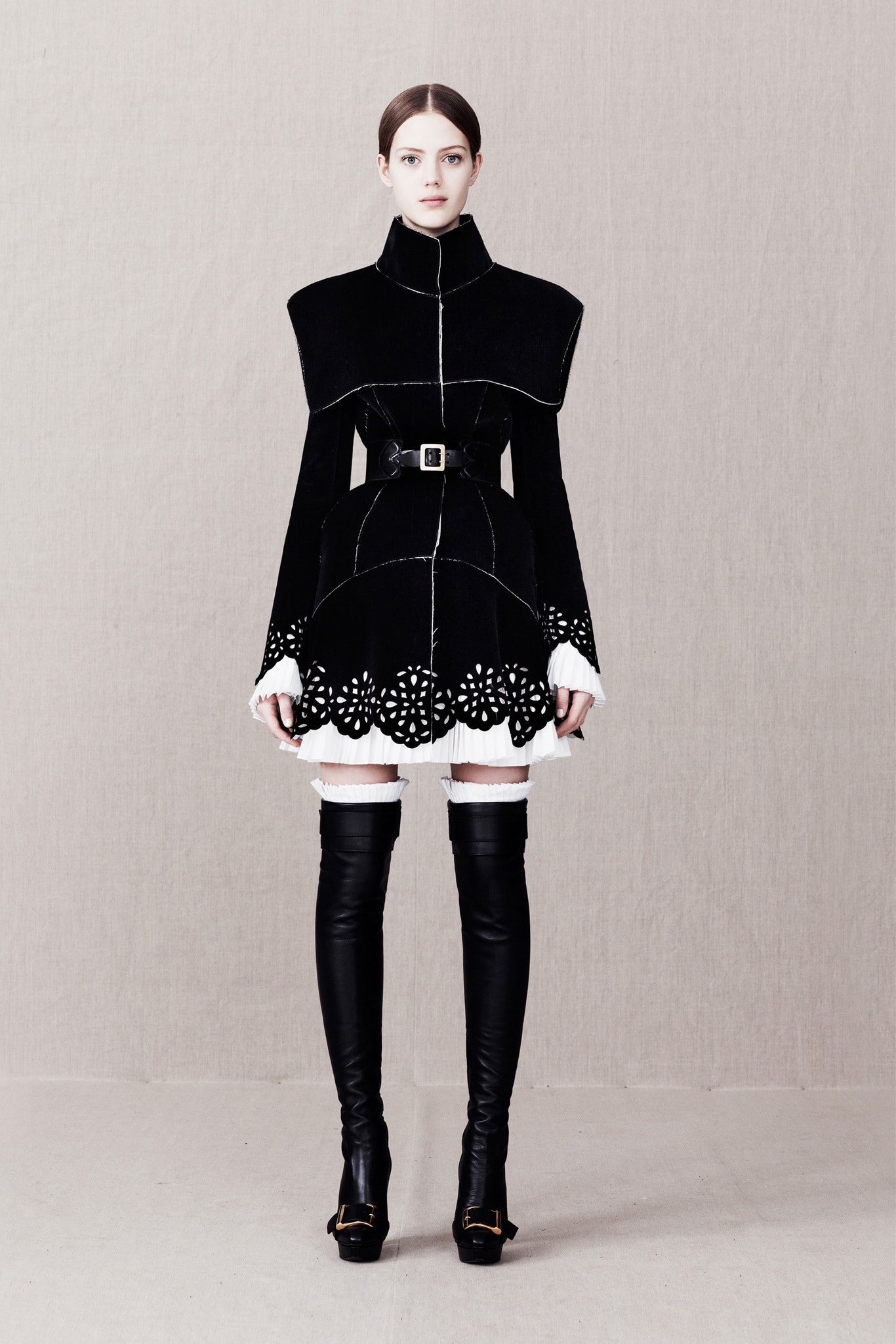 black cotton long-sleeve high-neck fitted pleated embroidered dress