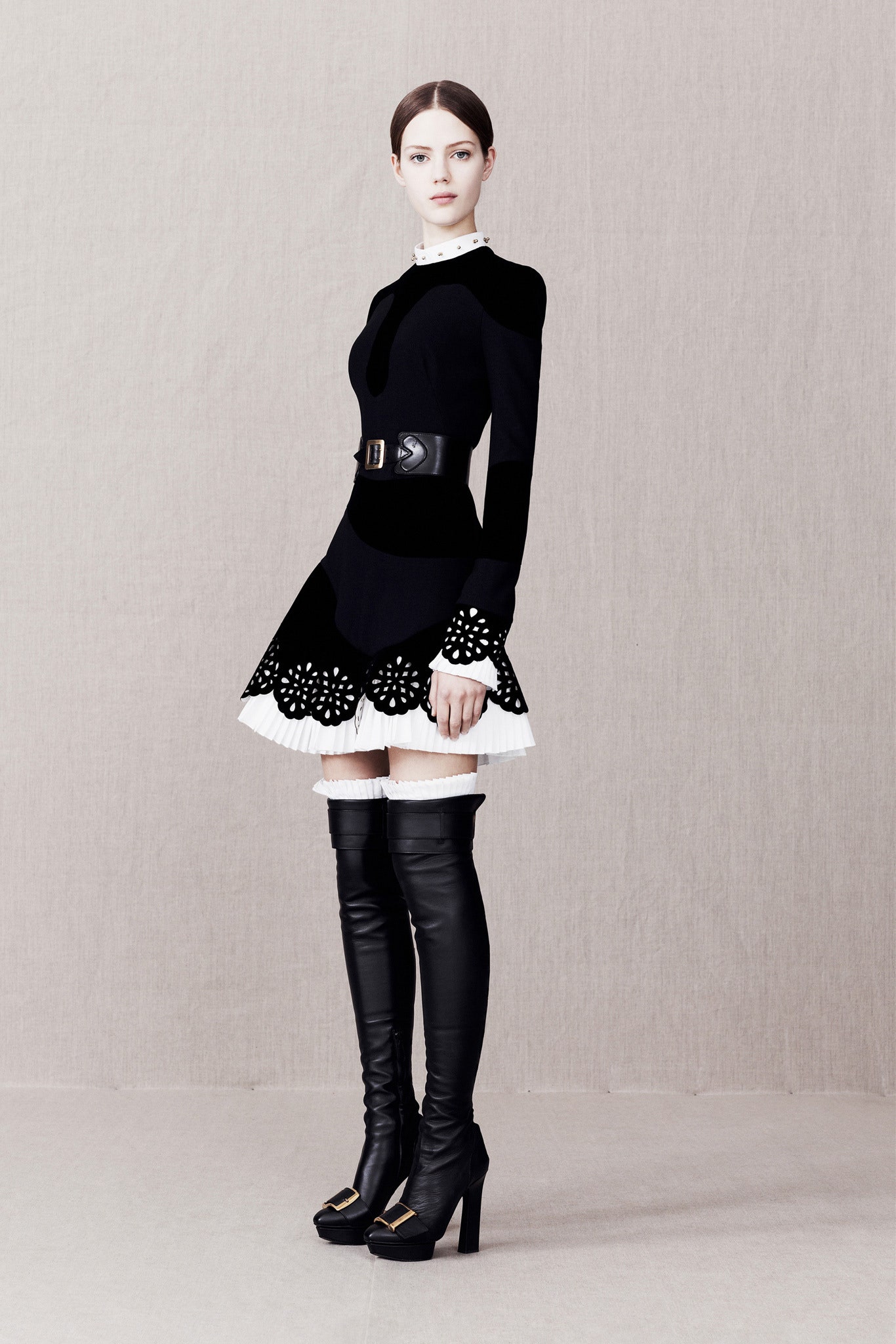 black cotton long-sleeve collared fitted pleated tiered dress