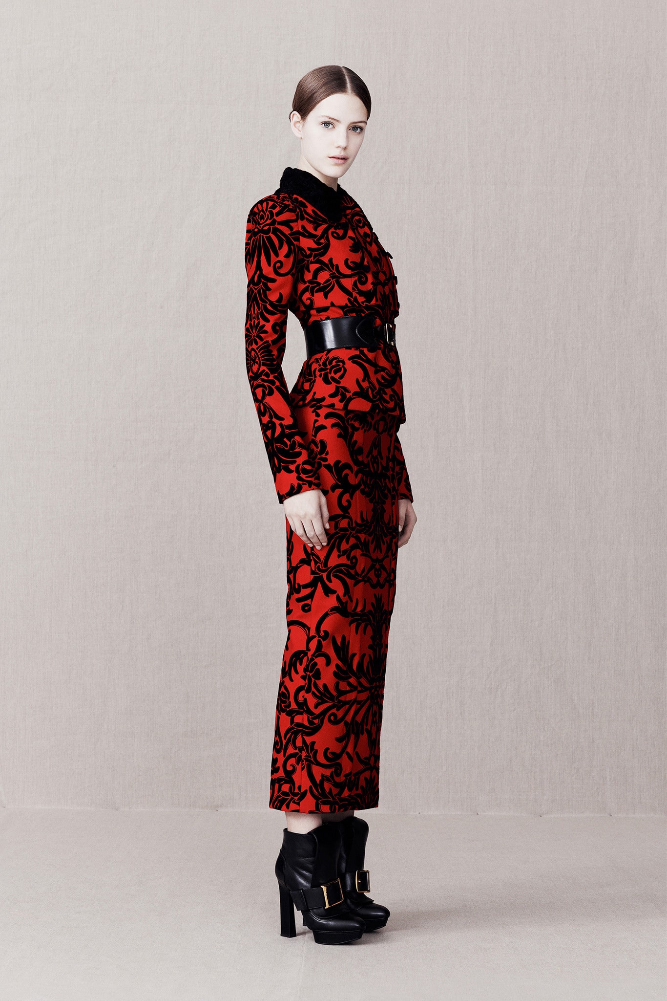 red velvet long-sleeve collared fitted embroidered pencil dress