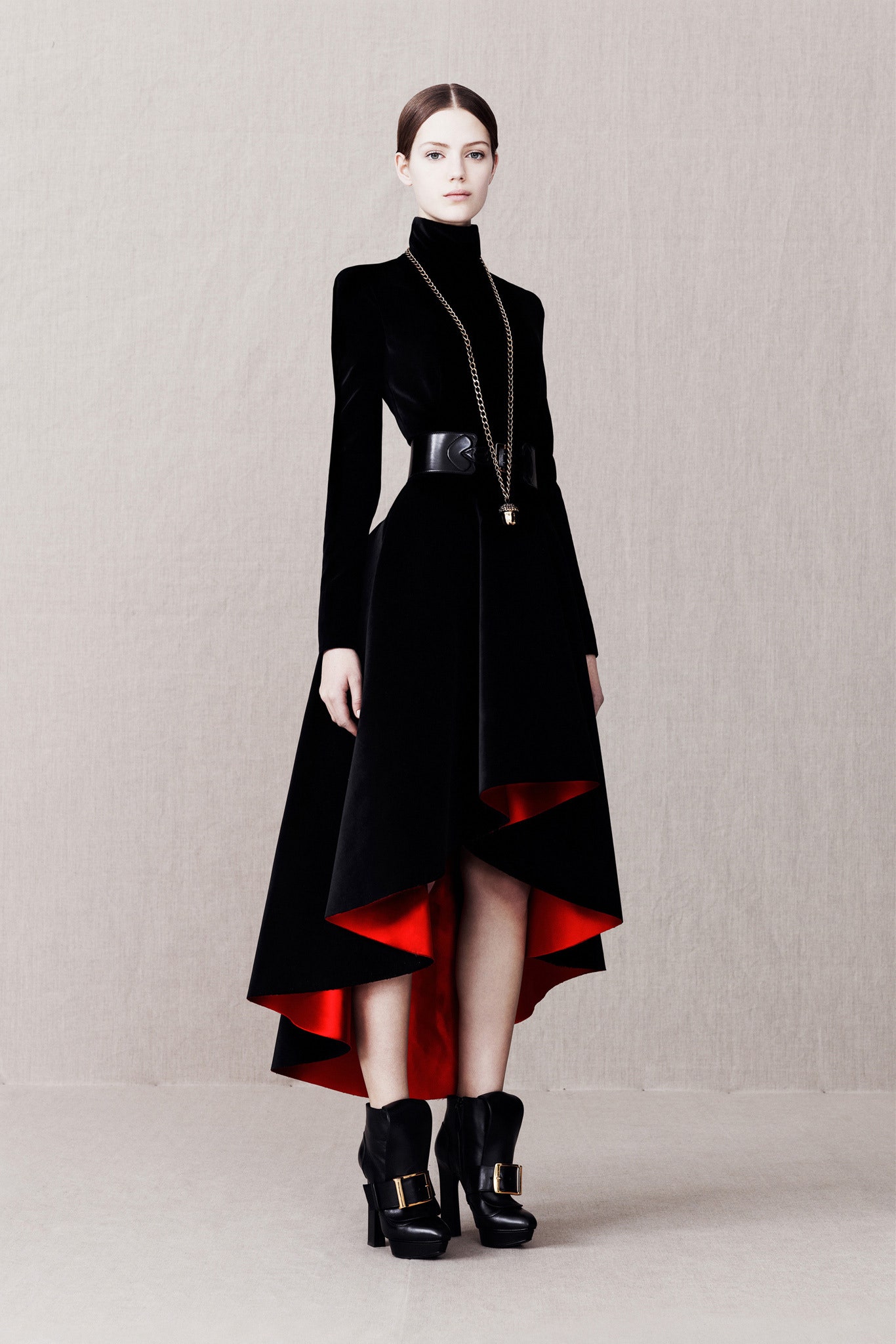 black velvet long-sleeve high-neck fitted belted midi dress