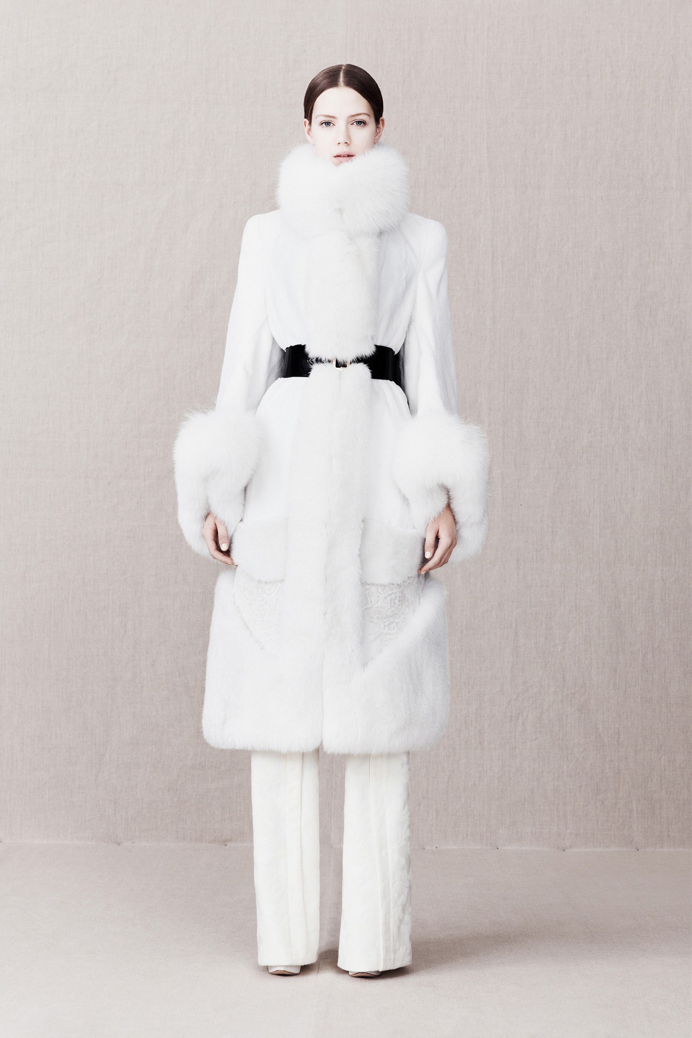 white fur fitted straight-leg pants