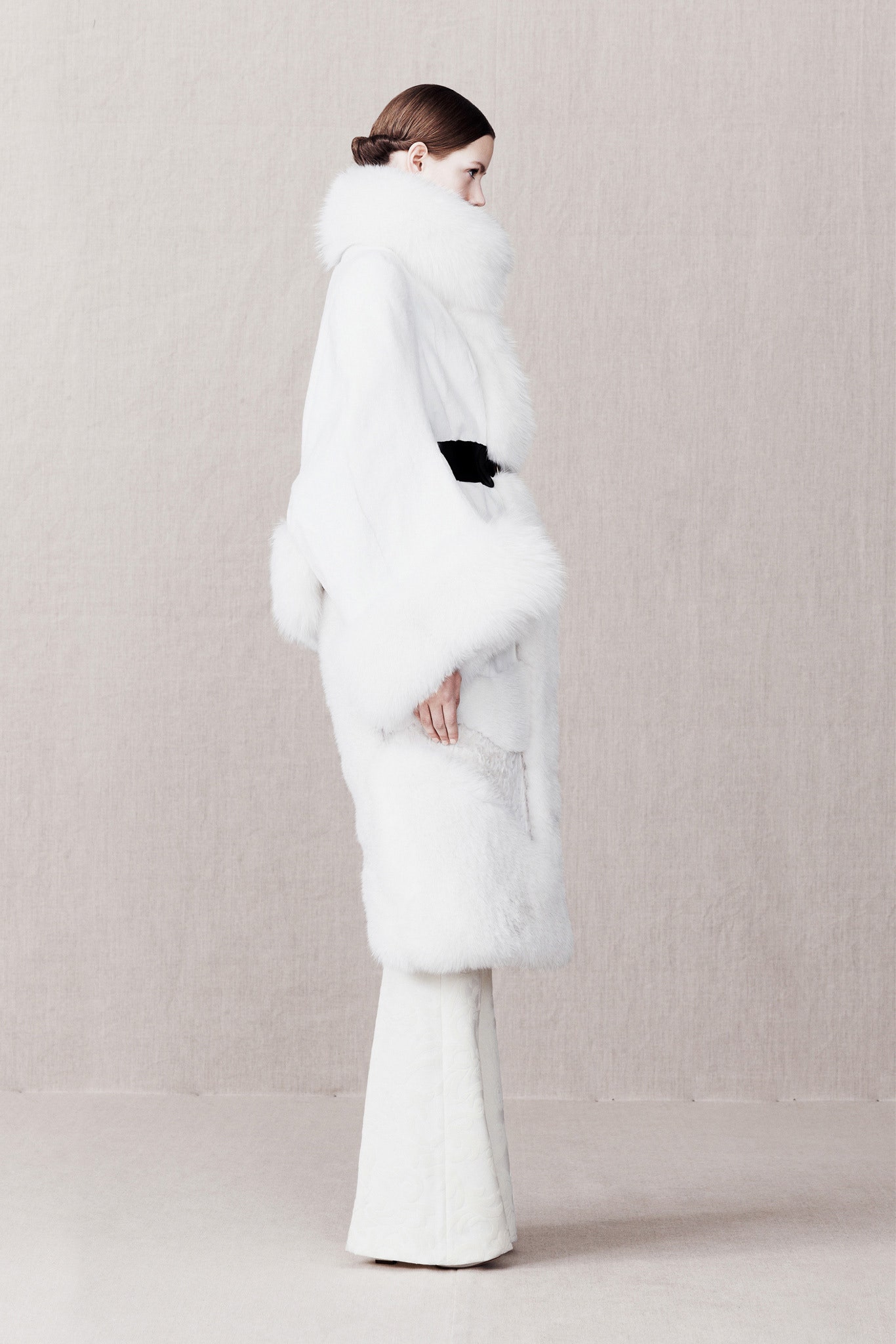 white fur long-sleeve collared relaxed belted coat