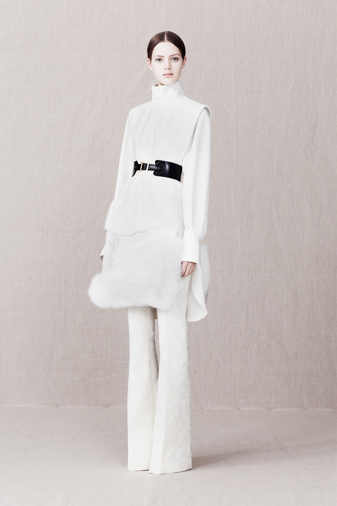 white silk long-sleeve high-neck relaxed draped top