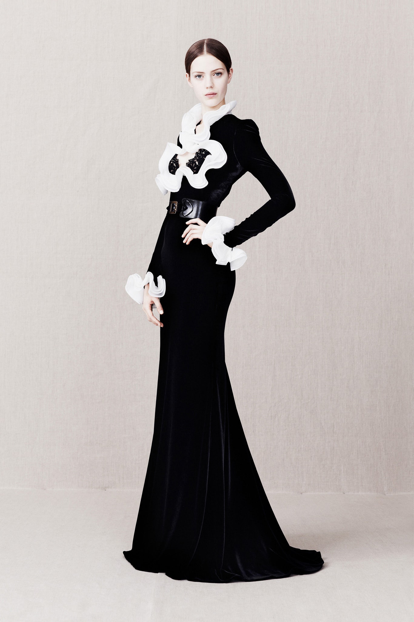 black velvet gown with ruffles