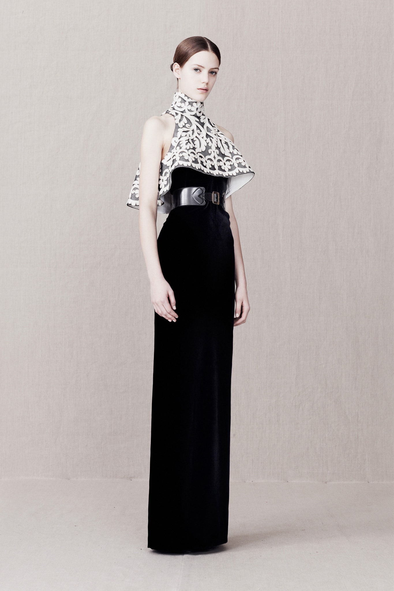 black and white draped gown