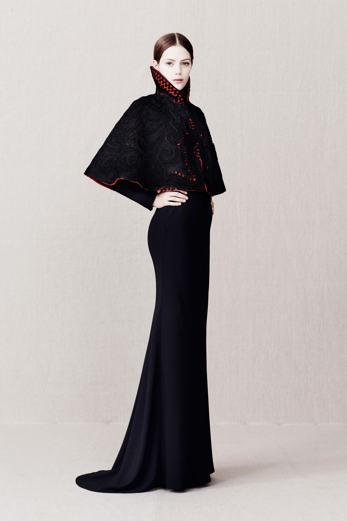 black silk long-sleeve high-neck fitted straight-leg maxi gown
