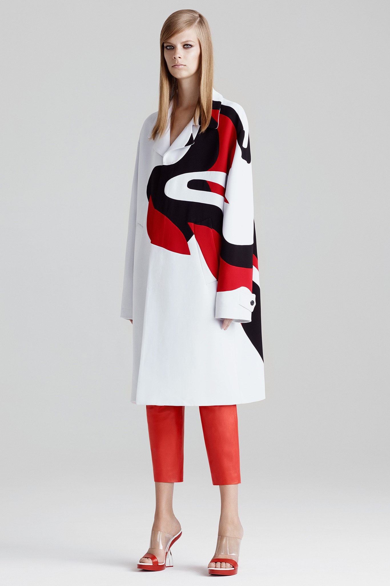 color-blocked white coat with red pants