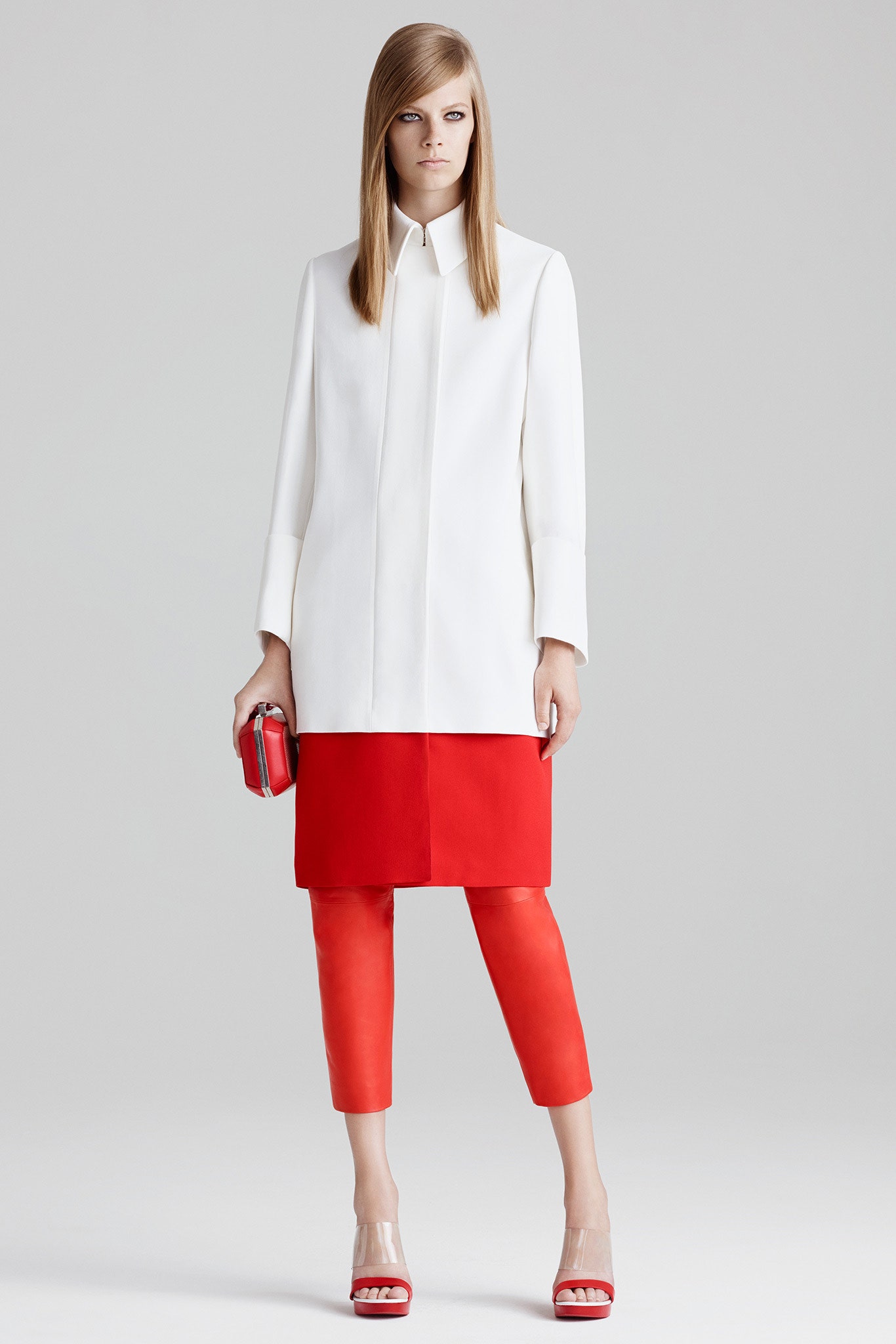 white coat and red leather pants