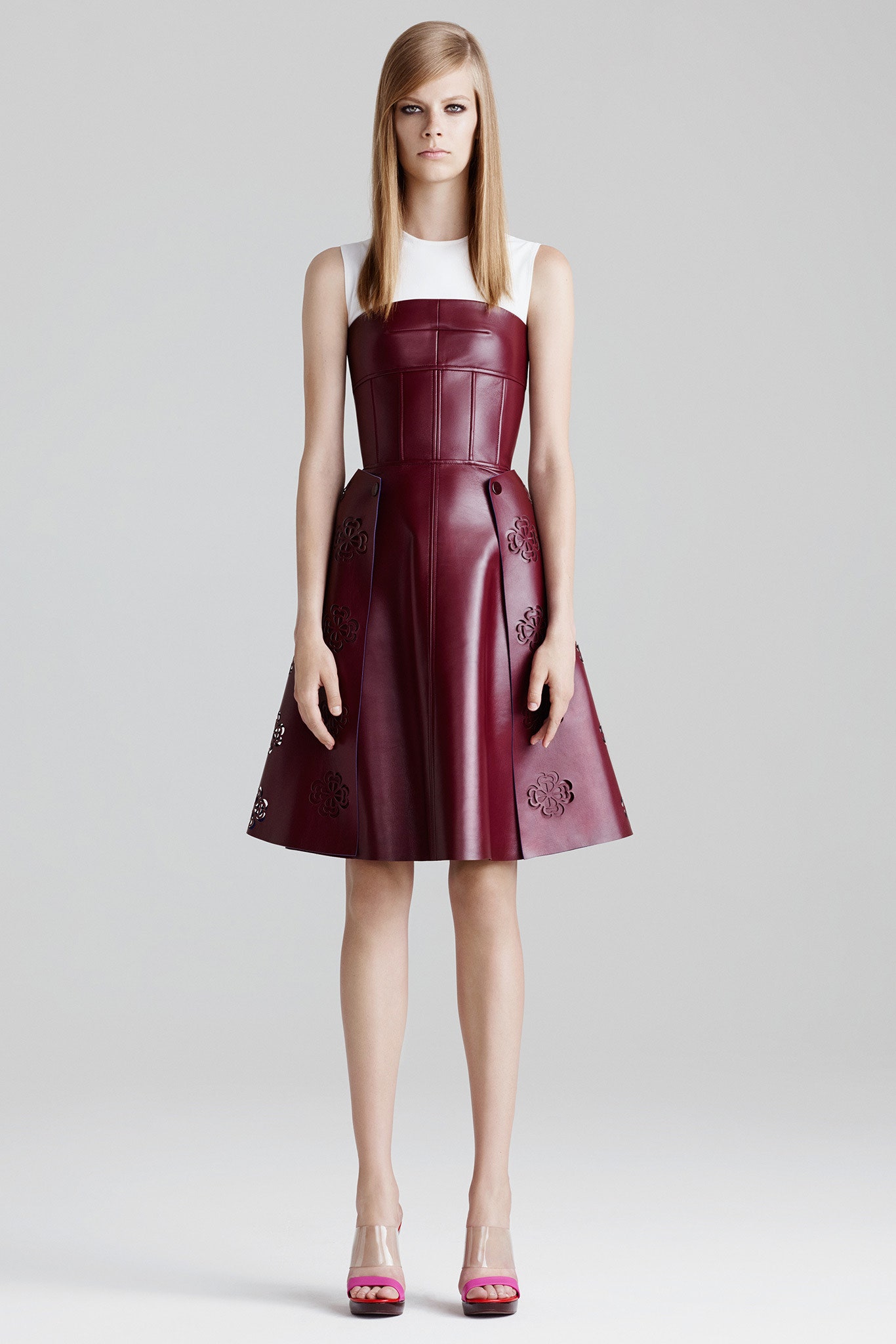 fitted red leather midi dress