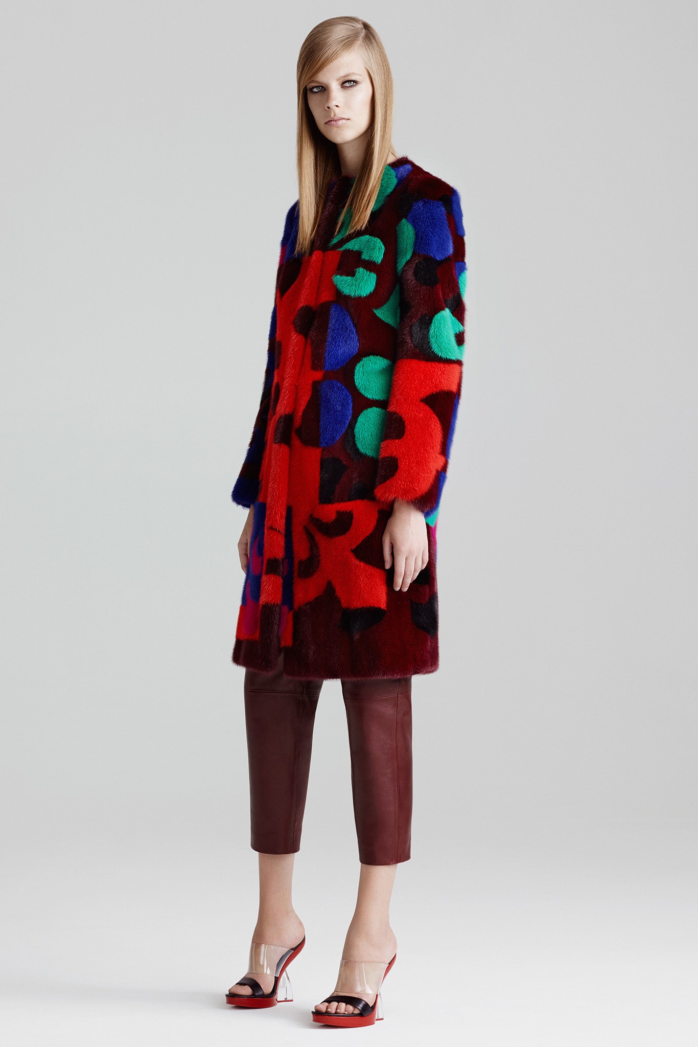 red fur long-sleeve relaxed color-blocked coat