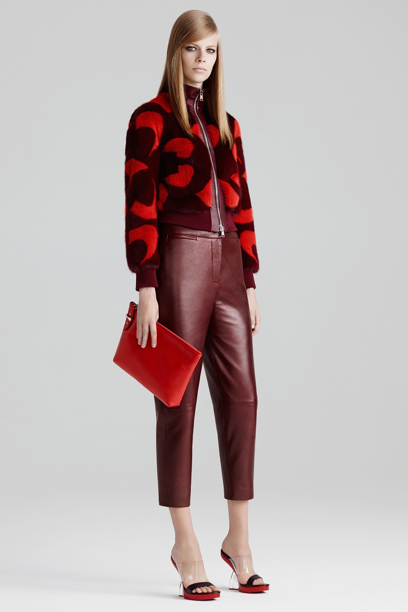 red wool long-sleeve collared fitted printed jacket