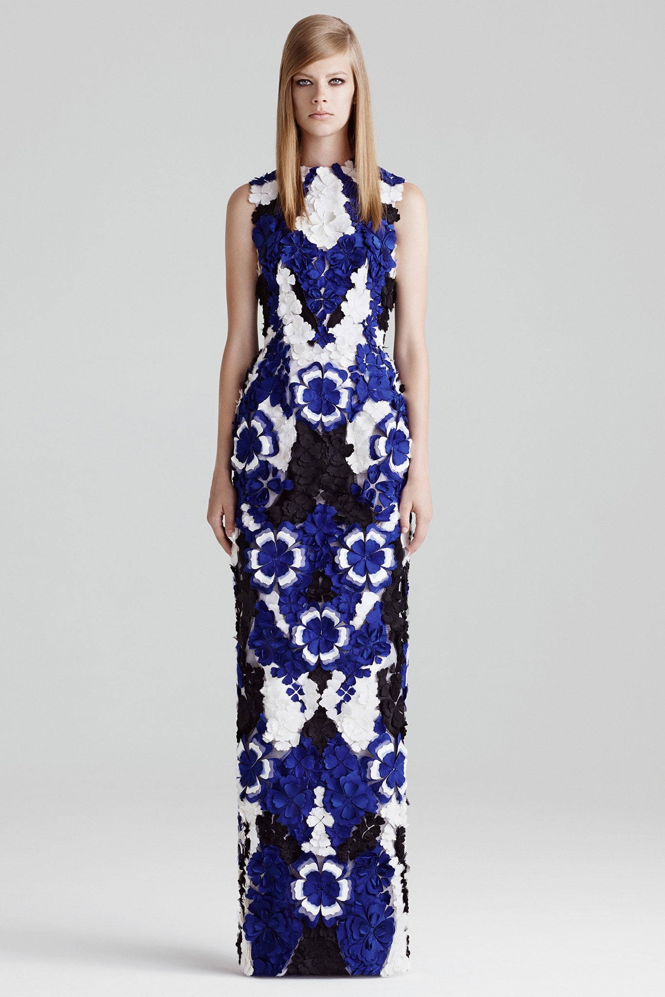 blue floral sleeveless gown