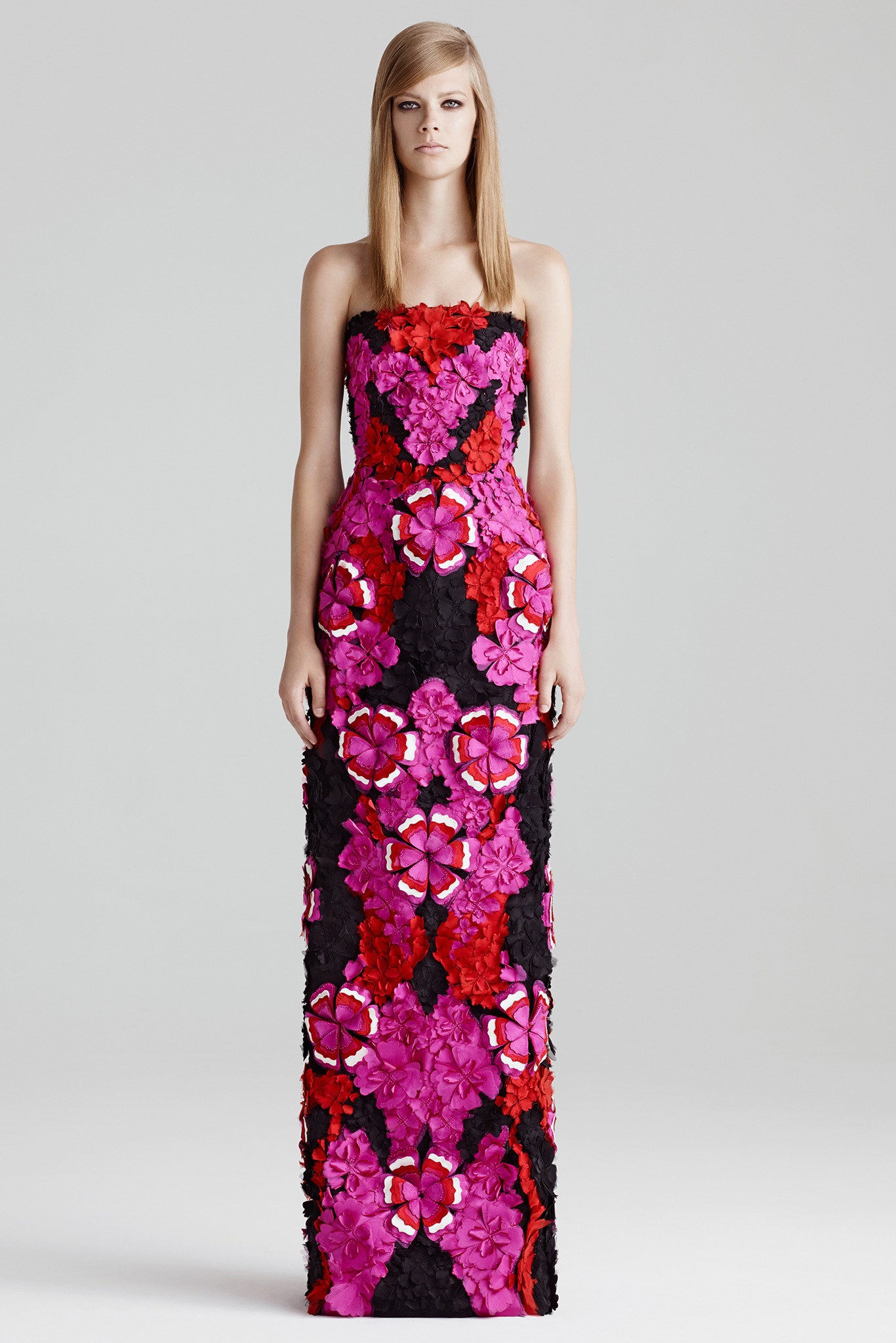 floral embellished strapless gown