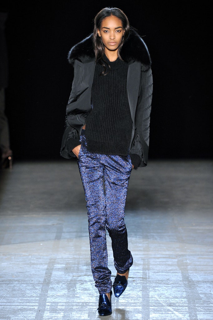 black jacket with blue pants