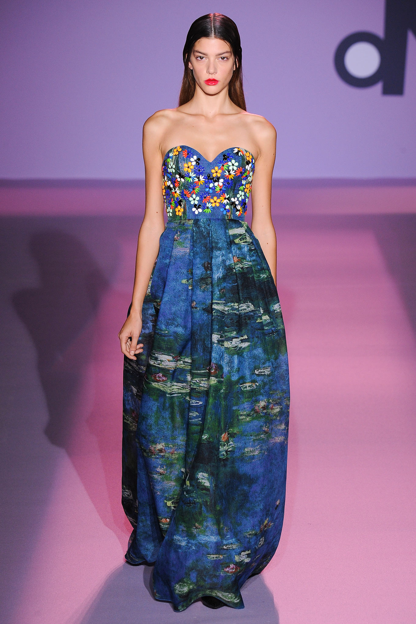 blue embroidered strapless gown