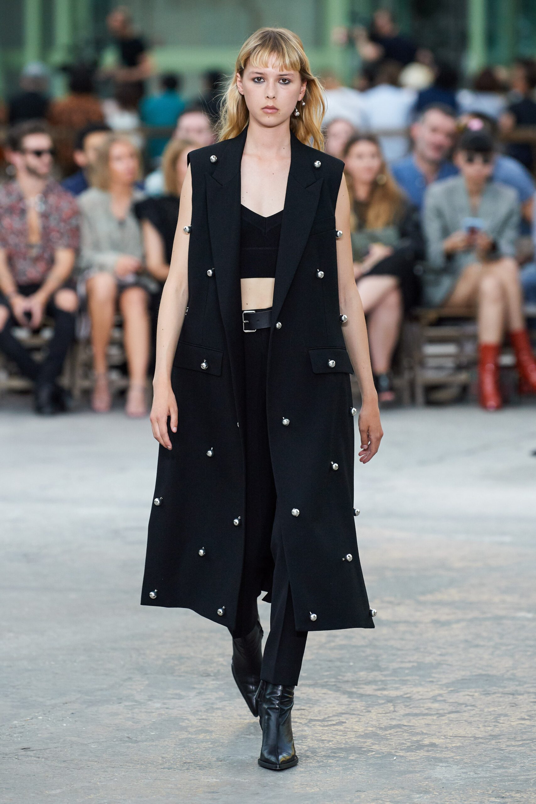 black wool sleeveless collared fitted buttoned embellished vest