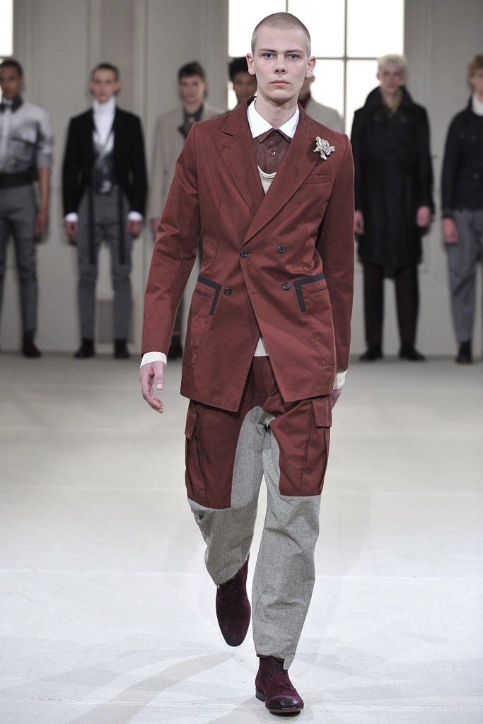 brown tailored suit with cargo pants