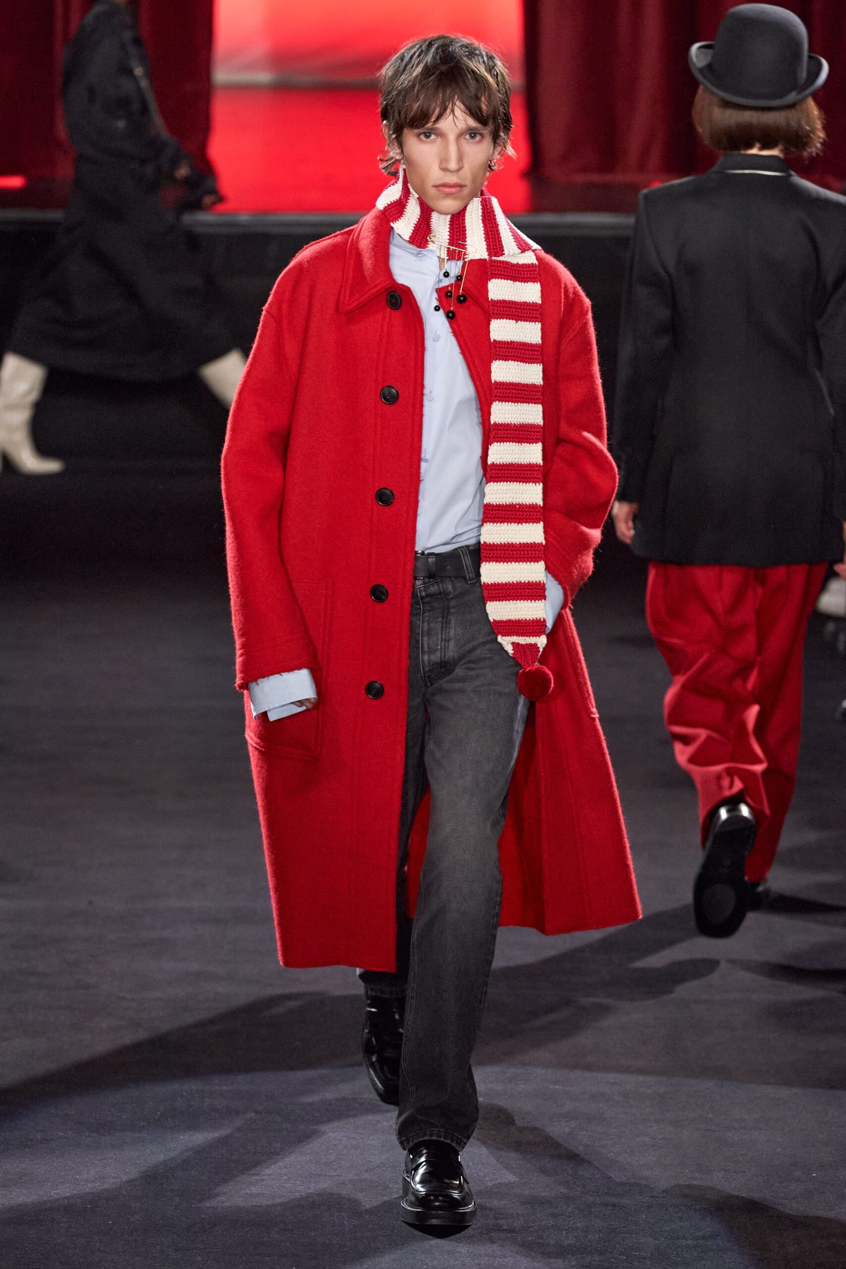 oversized red coat with blue shirt