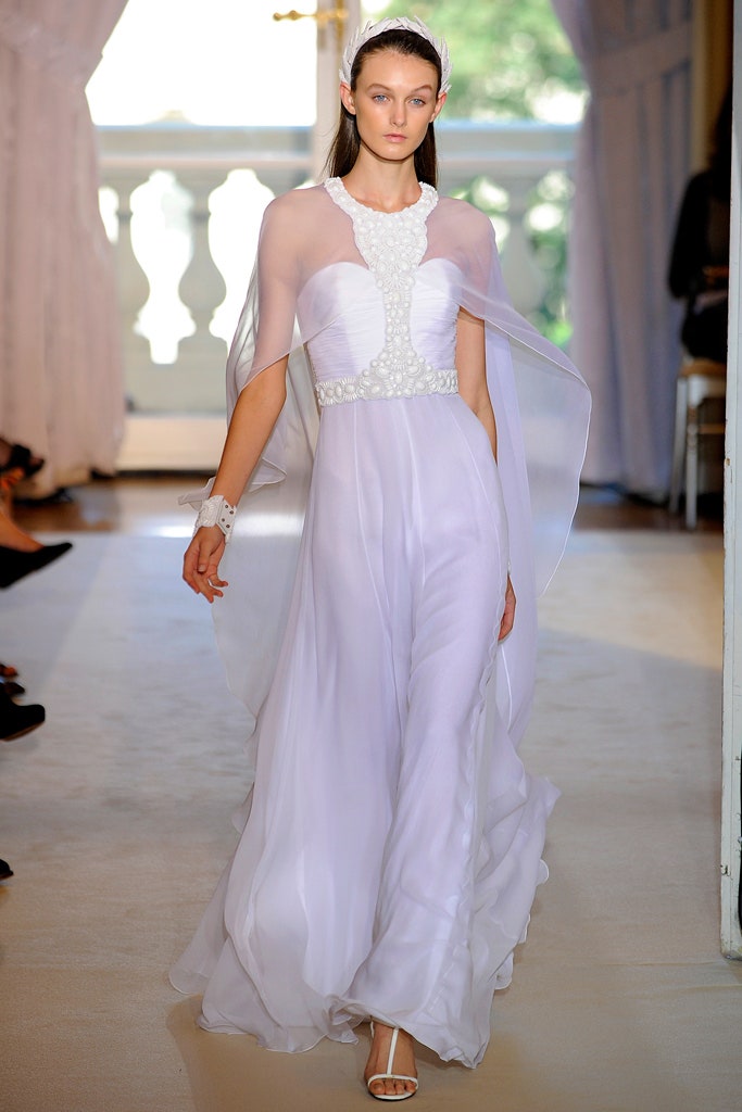 white chiffon gown with cape