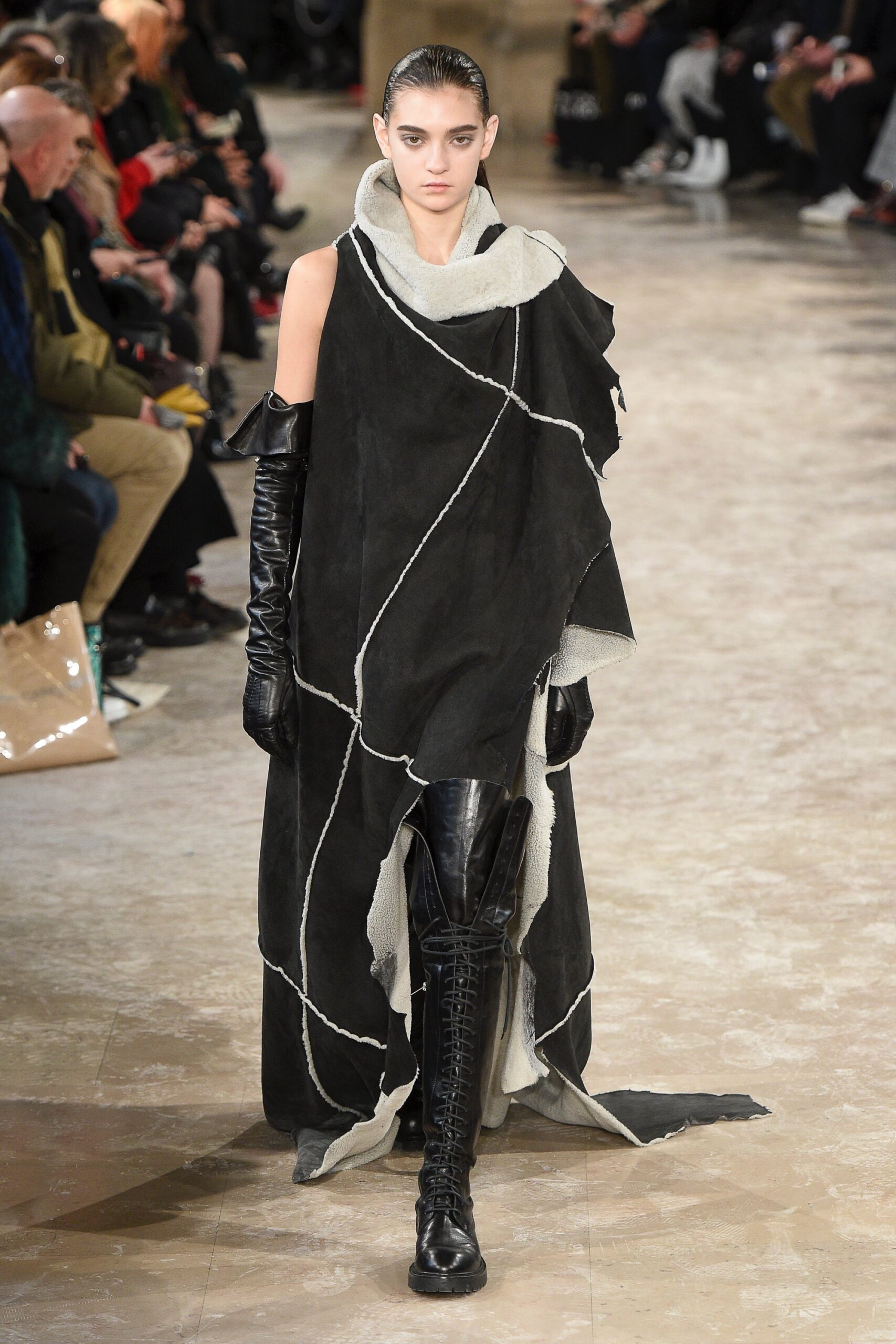 black wool asymmetric dress with boots