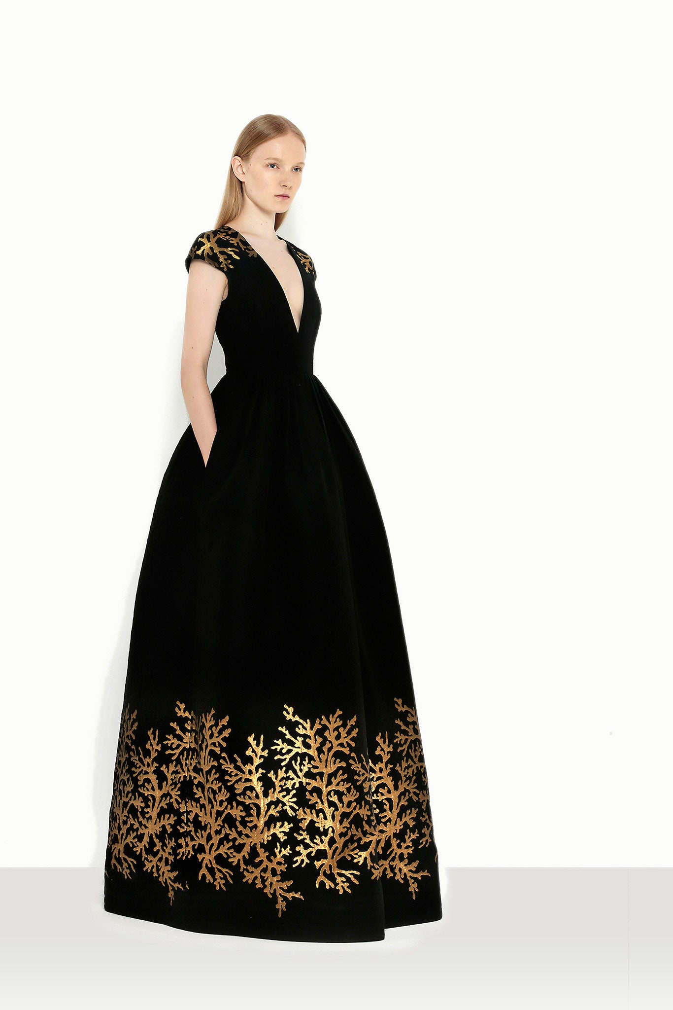 black velvet embroidered gown